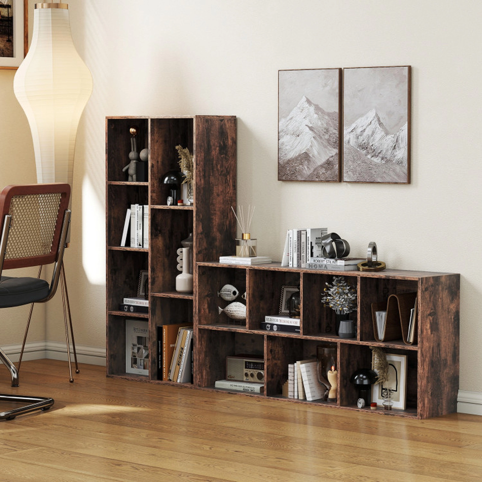 SUGIFT Rustic Brown Freestanding Bookshelf with 7 Compartments Vertical or Horizontal