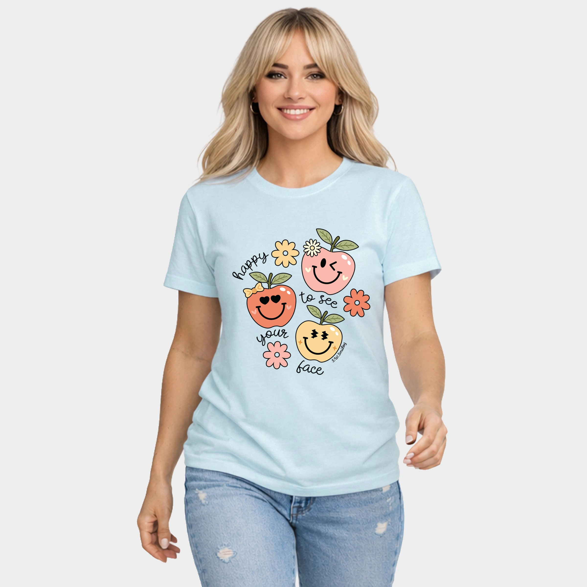 Simply Sage Market - Women's Short Sleeve Graphic T-Shirt S.W.Smiley Happy To See Your Face Flowers