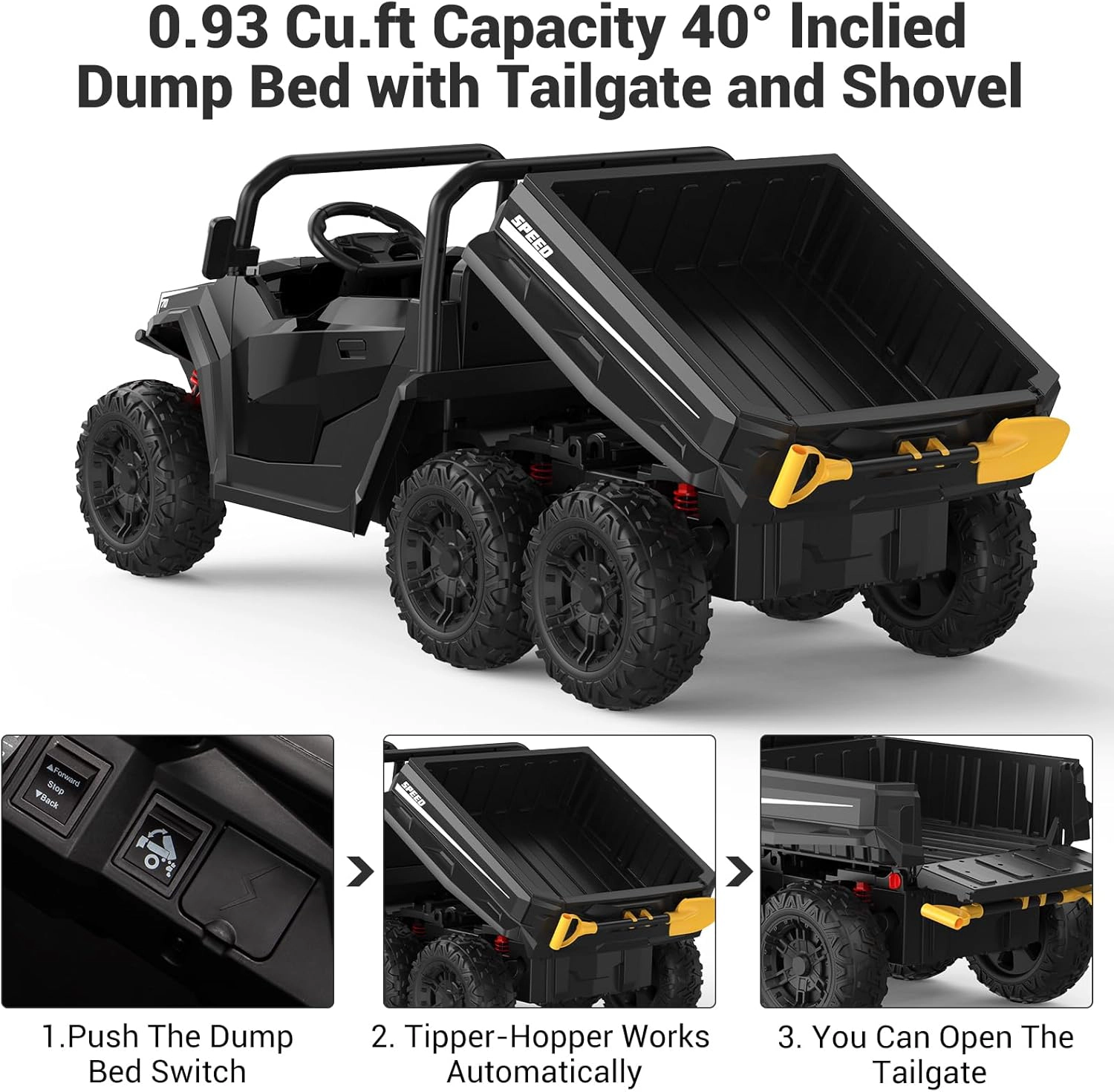 24V 4WD 6-Wheel Kids Electric Dump Truck, 2-Seater, 4×200W Motors, Remote Control, LED Lights, Music, Bed