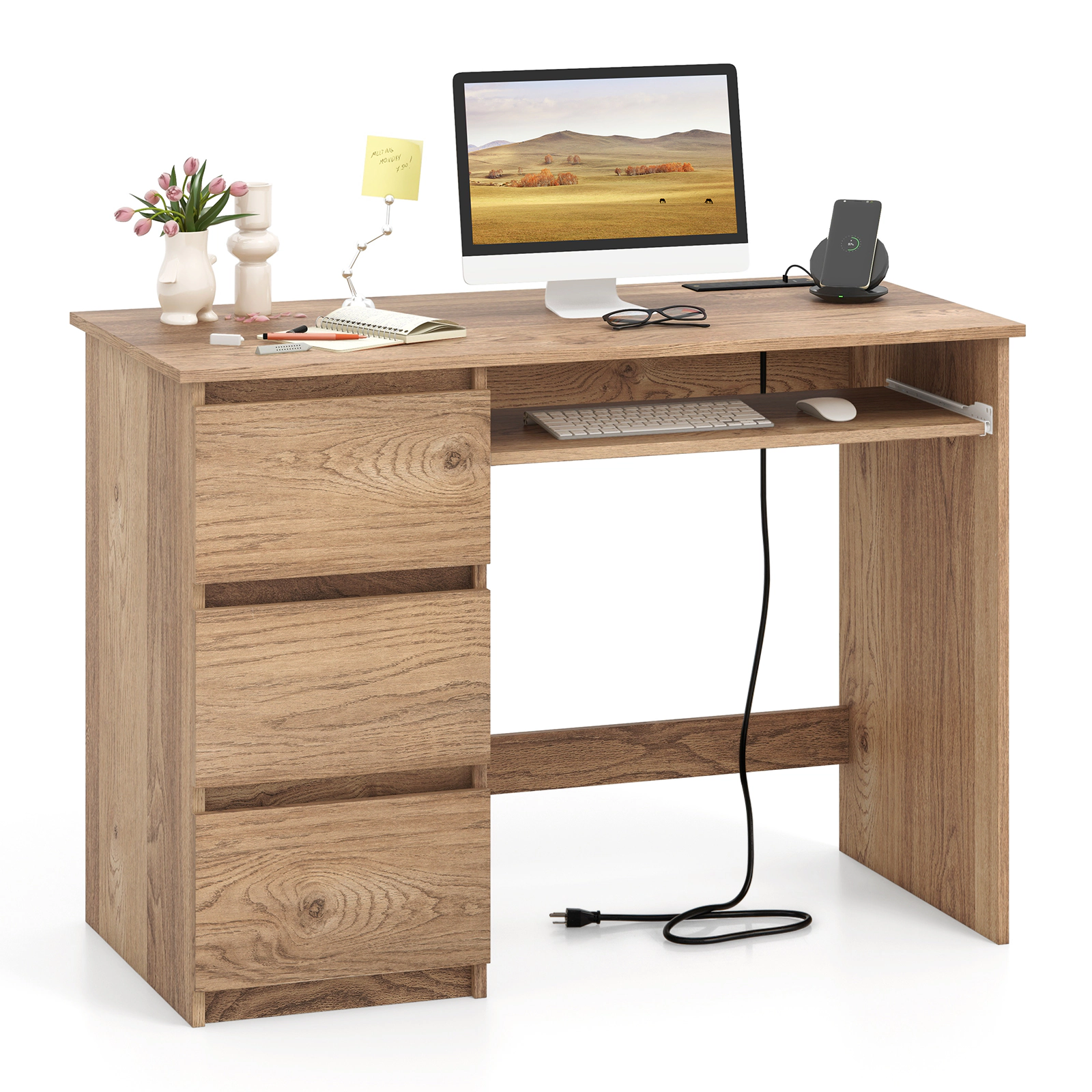 SUGIFT Natural Power Outlet Pull-Out Keyboard Tray and 3 Drawers 42 Inch Computer Desk