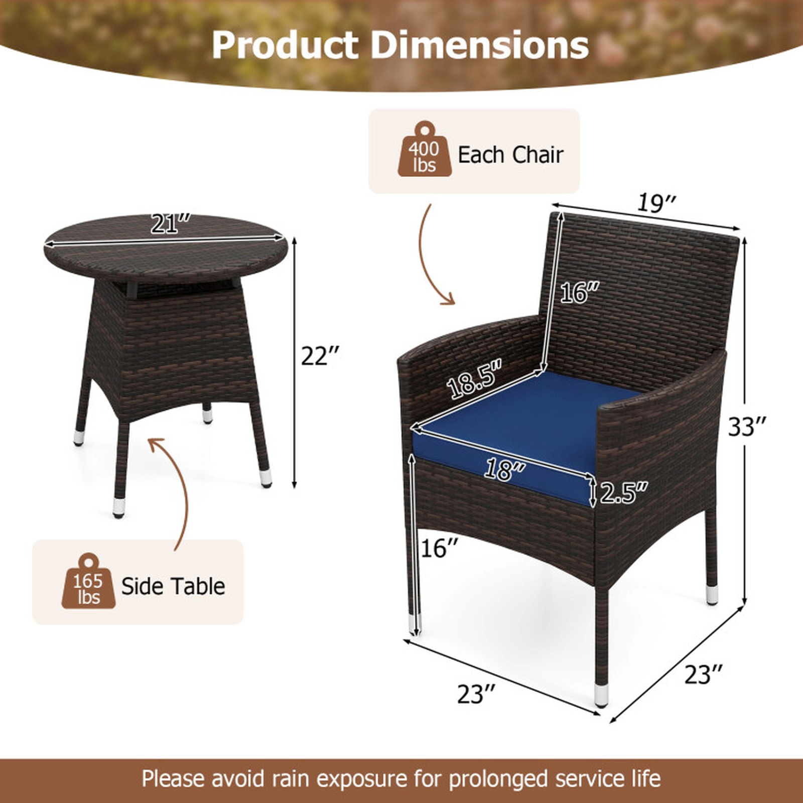 SUGIFT Navy 2 Cushioned Chairs and Side Table 3-Piece Patio Rattan Bistro Set