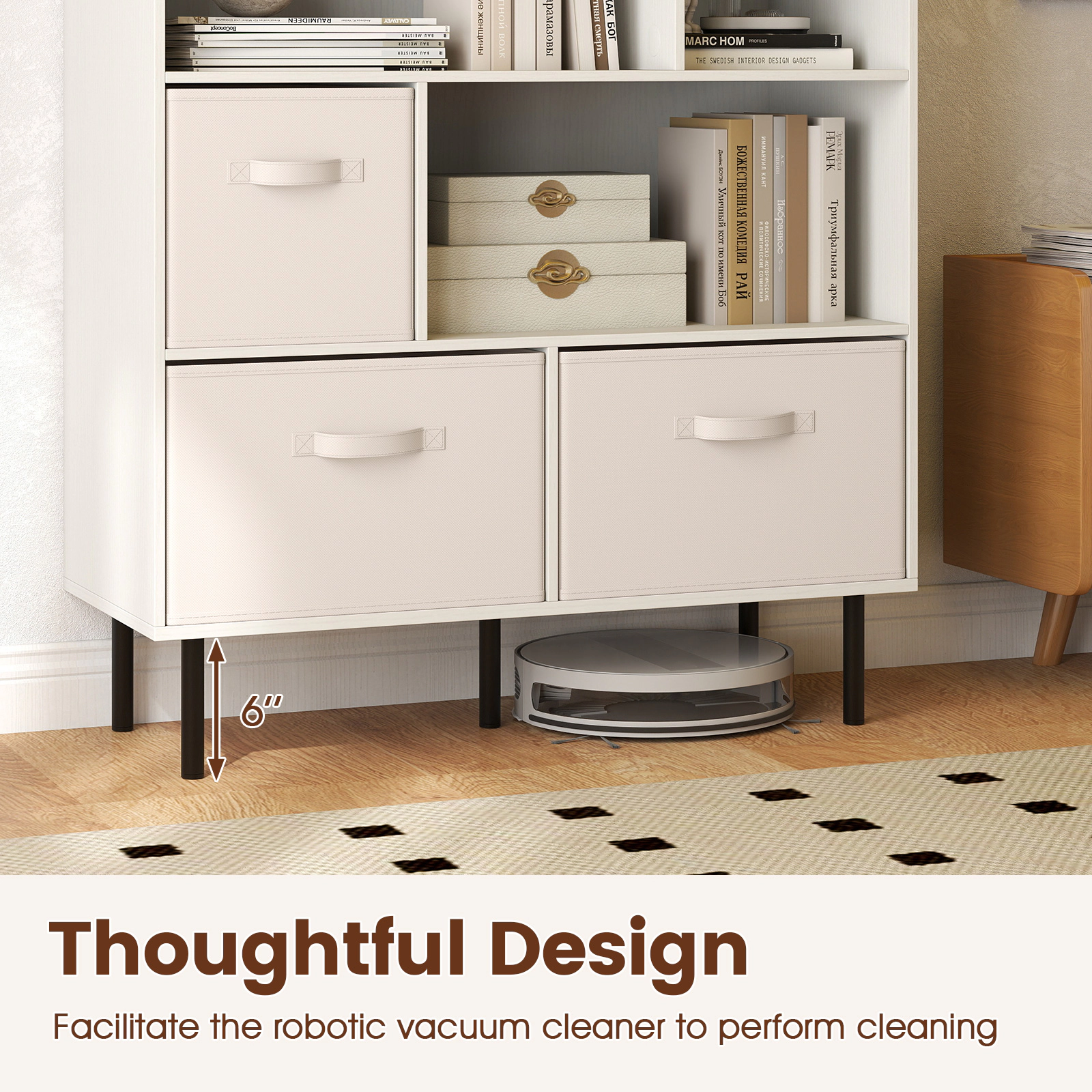 SUGIFT 6-Cube White Cube Storage Organizer Bookshelf with 3 Removable Folding Fabric Drawers and Metal Legs