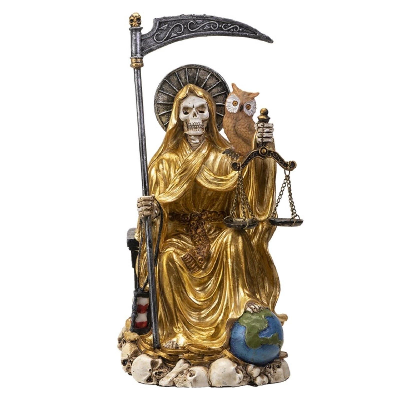 Pacific Giftware Sitting Santa Muerte in Gold Gown with Owl and Scale Figurine 9 Inch