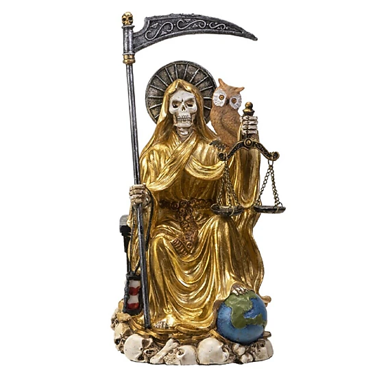 Pacific Giftware Sitting Santa Muerte in Gold Gown with Owl and Scale Figurine 9 Inch