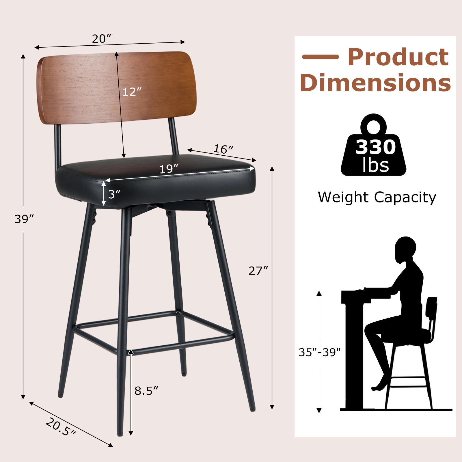 SUGIFT Set of 2 Black 27 in Swivel Counter Stools, Padded Seats, Wood Backrests