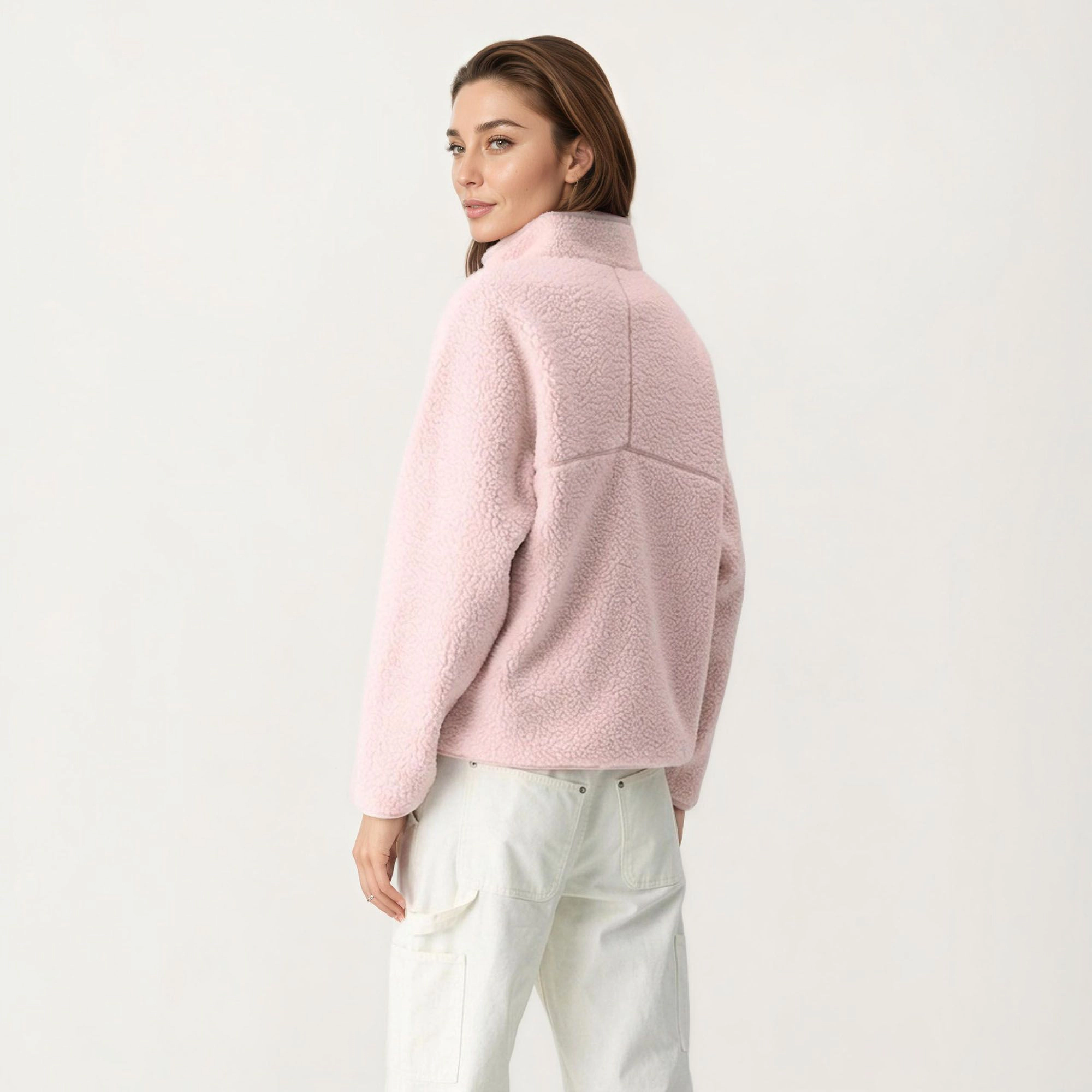 Anna-Kaci Women's Half Zip Pullover Jacket with Stand Collar Soft Plush Texture Relaxed Fit Long Sleeve Top