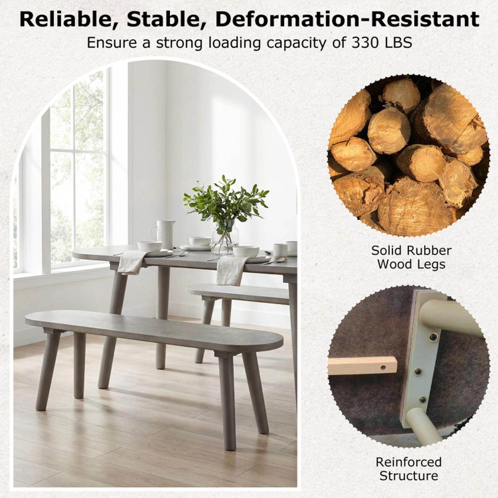 SUGIFT Gray Rubber Wood Legs 43 Inch Farmhouse Dining Bench Backless Entryway Bench