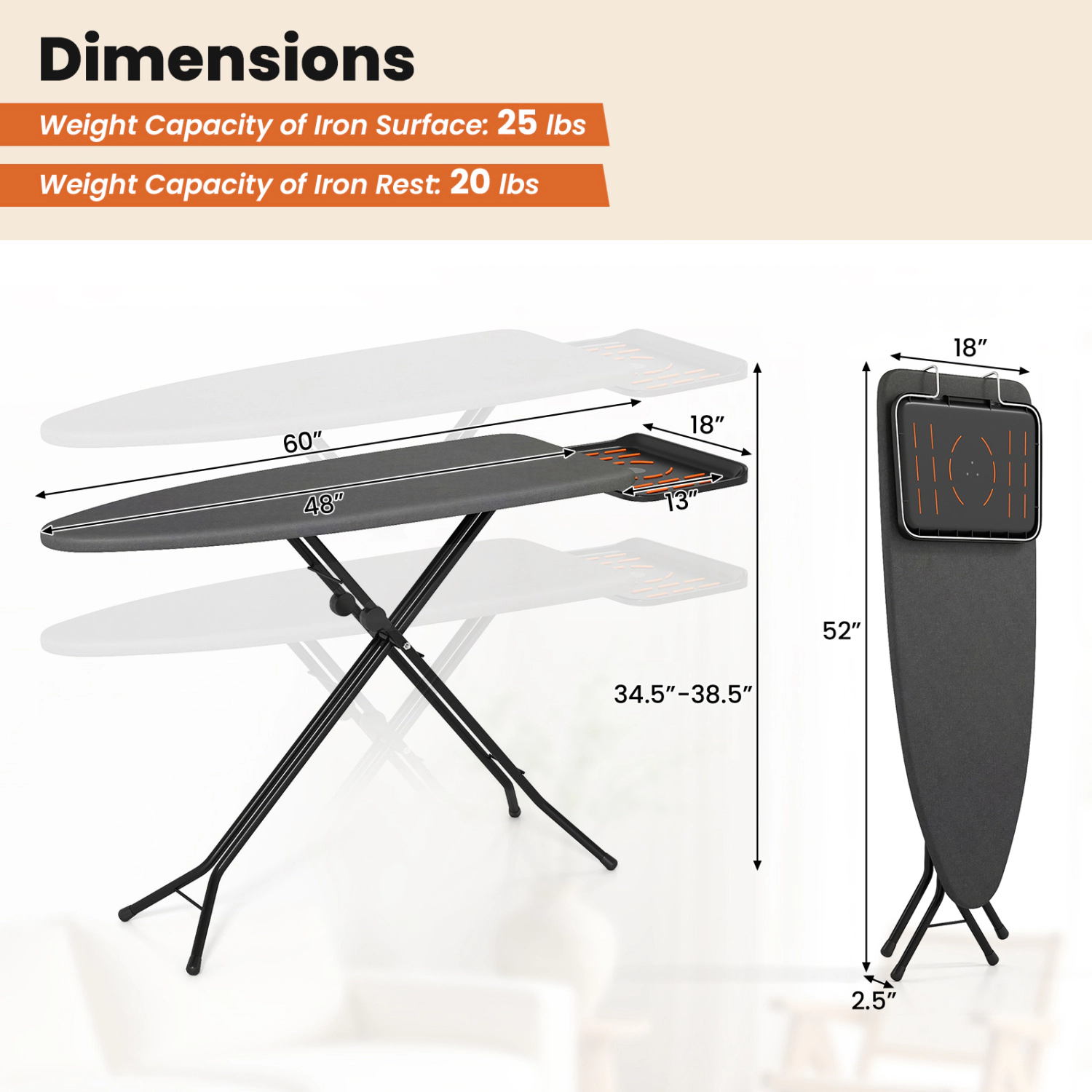 LJG Foldable Full Size Ironing Board with Collapsible Iron Rest for Laundry Room