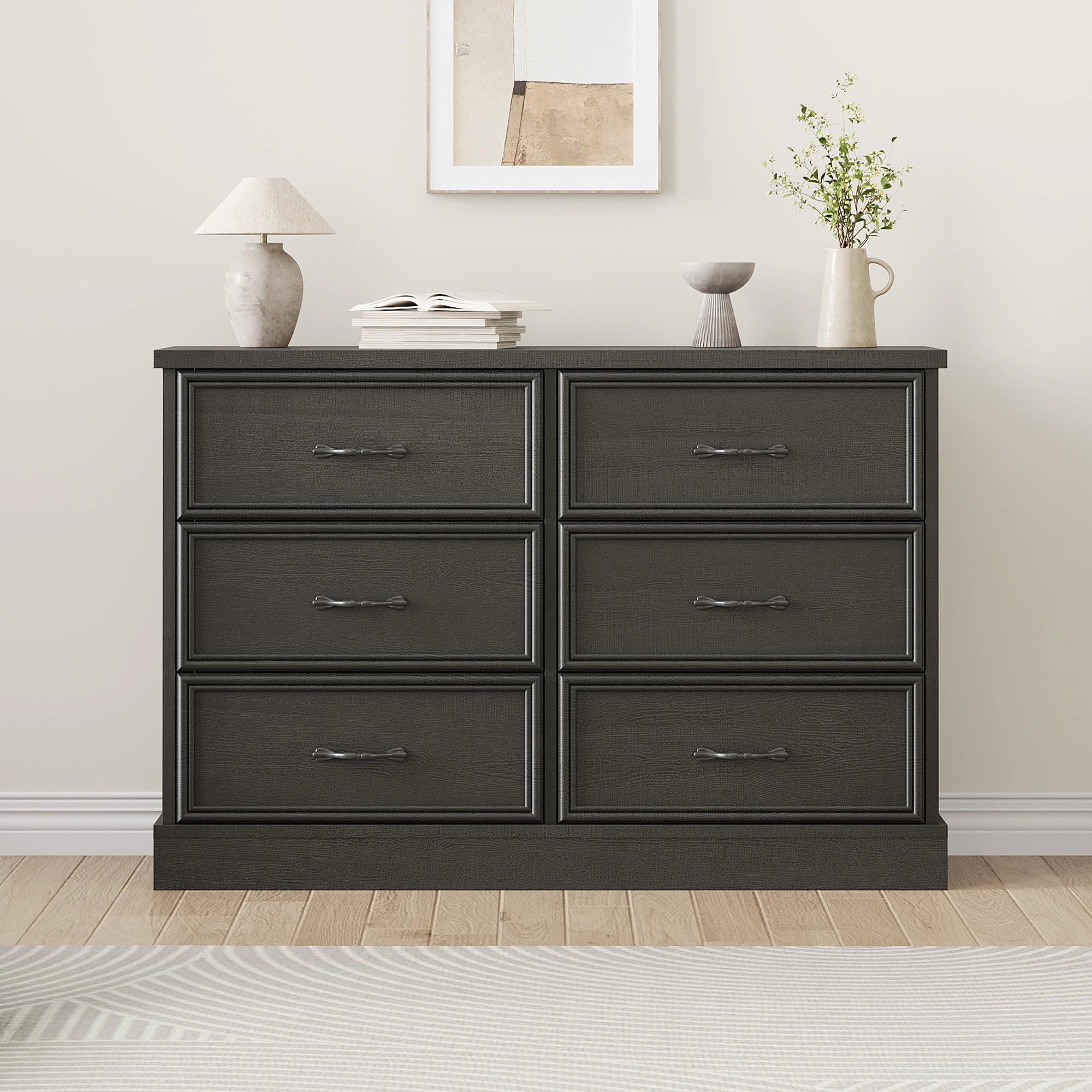 6 Drawer Wooden Dresser, 47" Wide Chest with Large Storage Drawers for Bedroom or Living Room