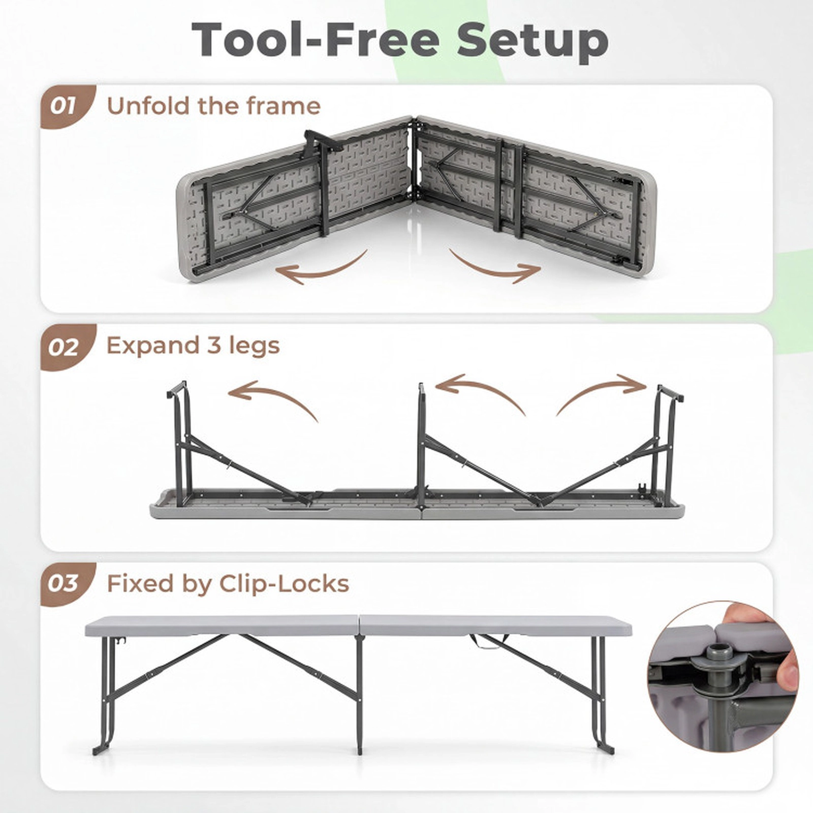 SUGIFT 6-Foot Plastic Folding Bench Picnic Camping Dining Seat 660-lb Capacity with Carrying Handle Light Gray