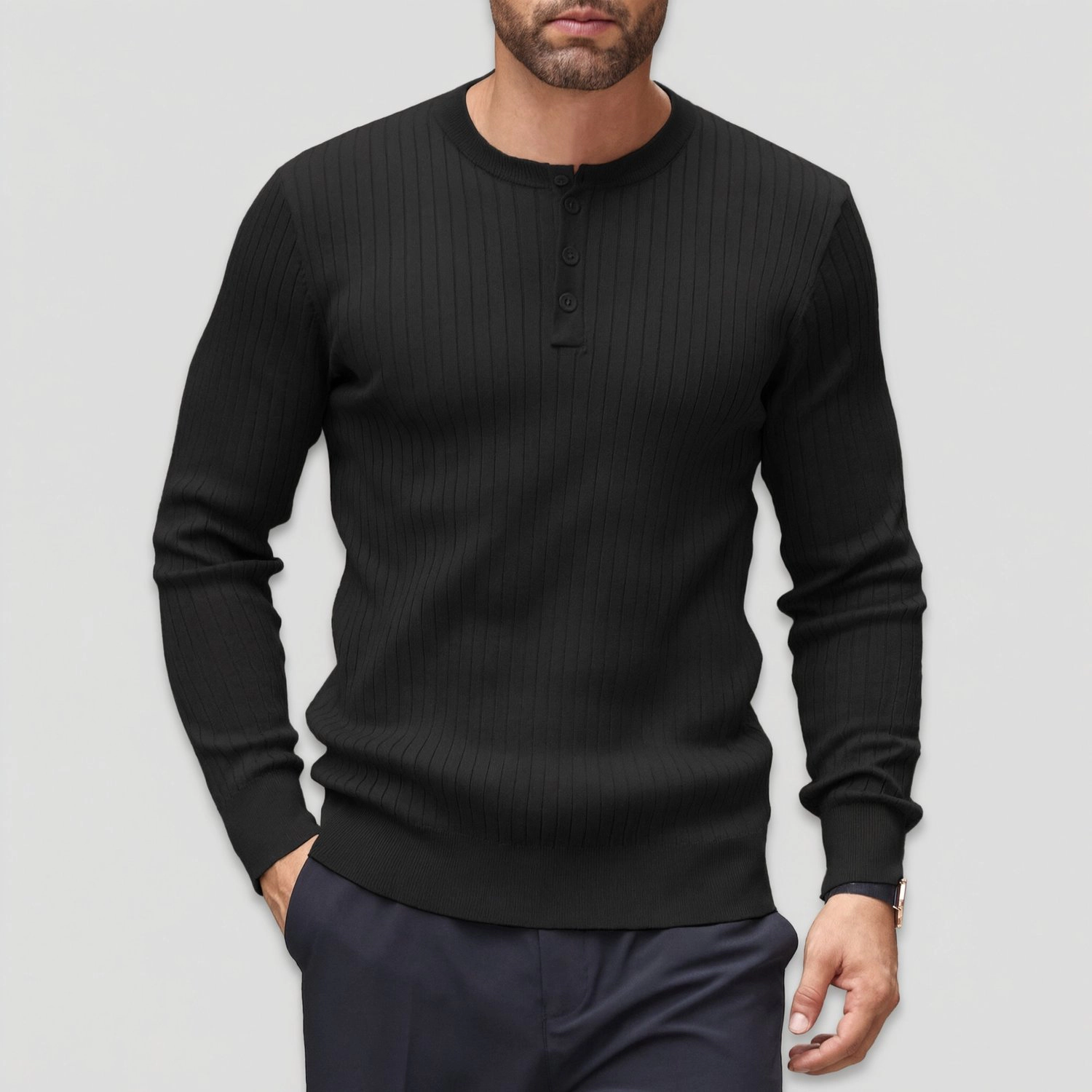 COOFANDY Mens Ribbed Knit Long Sleeve Henley Sweater Button Neck Casual Pullover