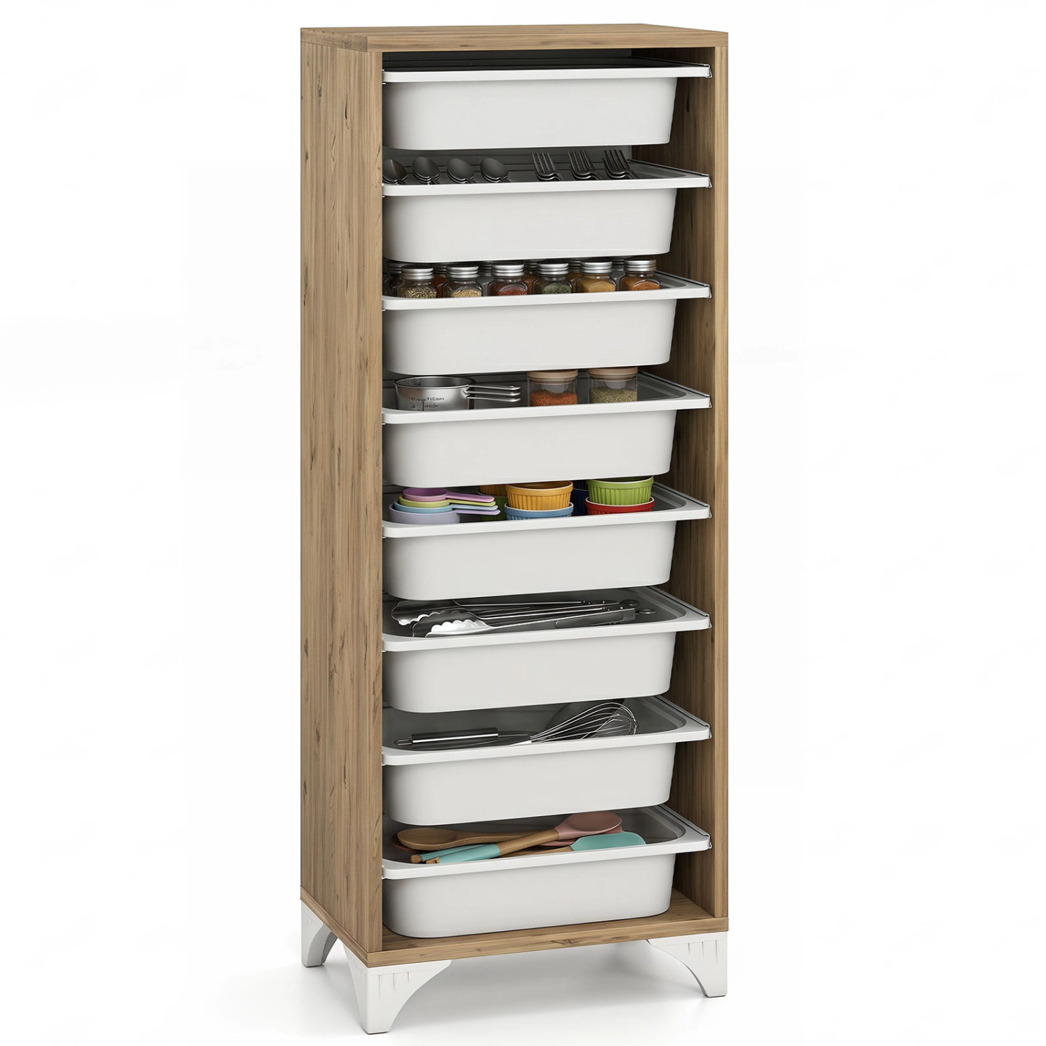 Glintex 46-Inch 9-Tier Pantry Rack with 8 Slide-Out Baskets, Oak & White