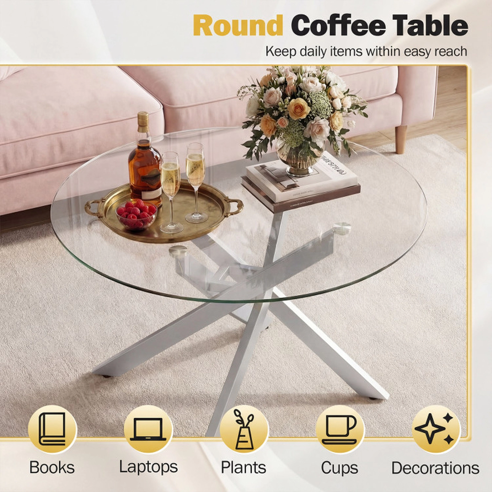 SUGIFT Round Tempered Glass Coffee Table 110-lb Capacity Transparent & Gold or Transparent & Silver