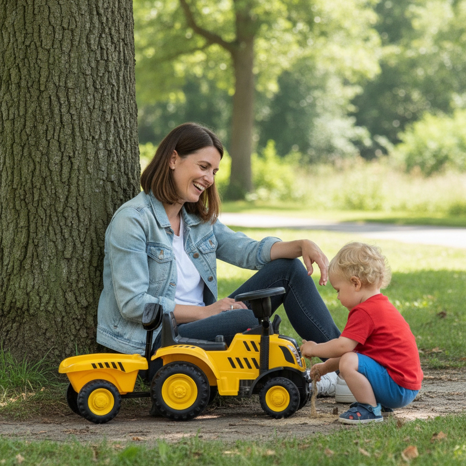 Kids Ride On Tractor Detachable Trailer LED Lights Horn 36.5-in No-Power Toddlers 1.5-3 55-lb Seat Capacity Yellow