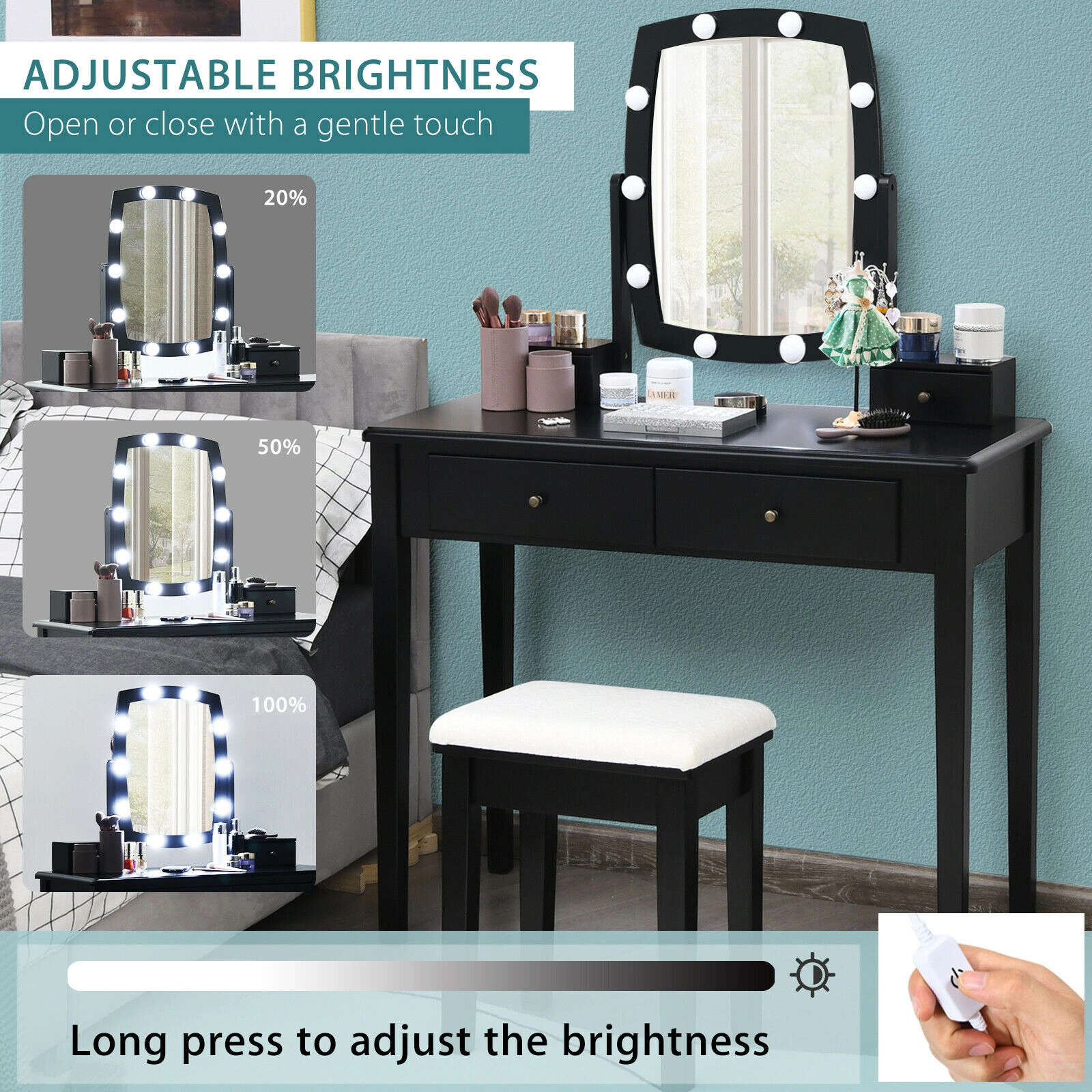 SUGIFT 4-Drawer Vanity Table Set with 360-Degree Lighted Mirror and Stool 110-lb Table 200-lb Stool Capacity Black