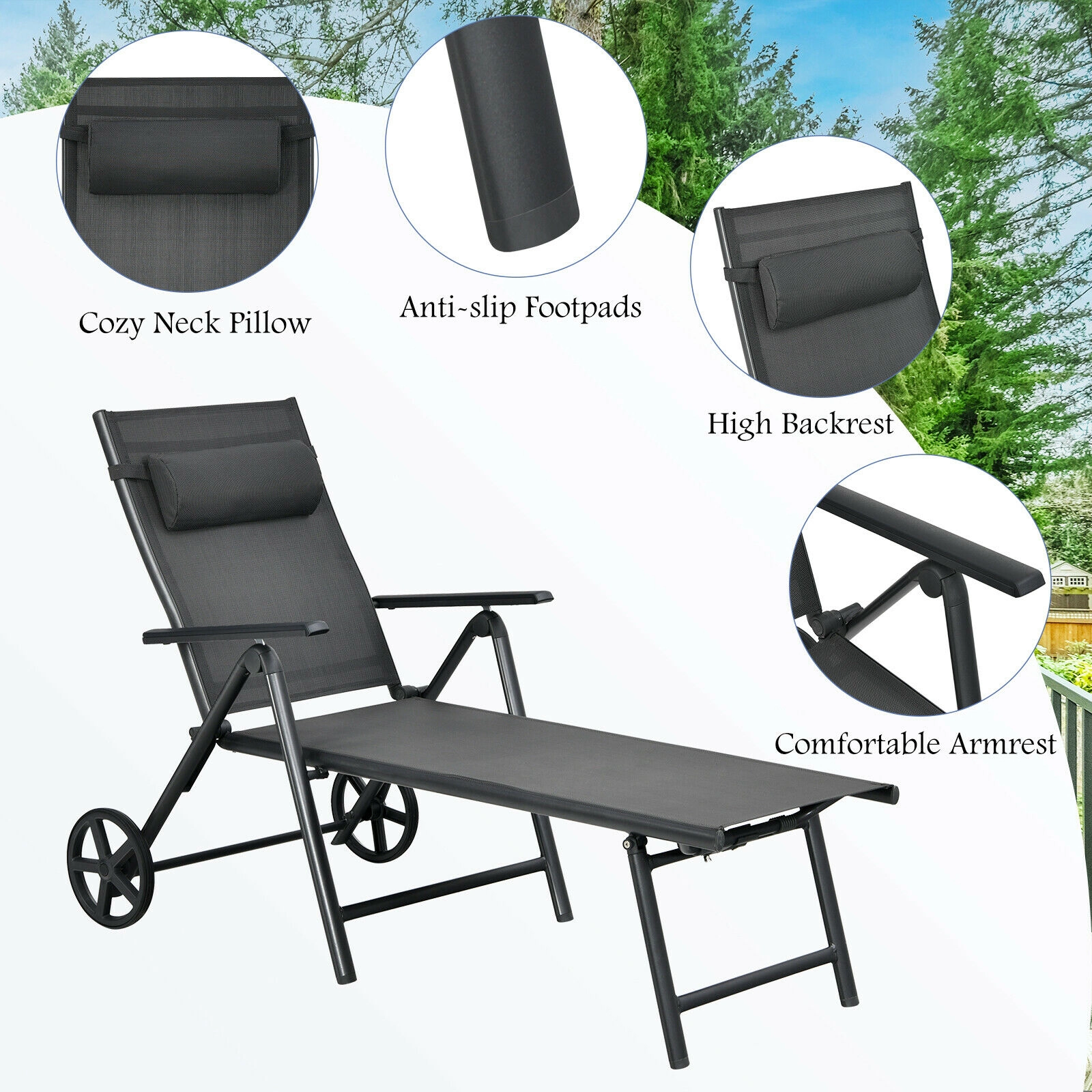 Hivvago Patio Lounge Chair with Wheels Neck Pillow Aluminum Frame Adjustable