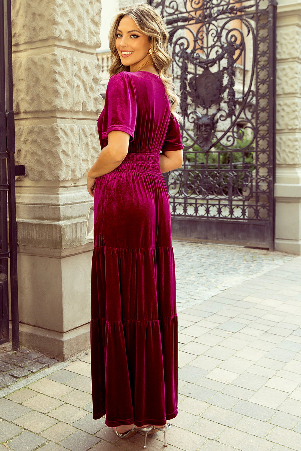 Threaded Pear Women's Katherine Velvet Short Sleeve Shirred Waist Tiered Dress