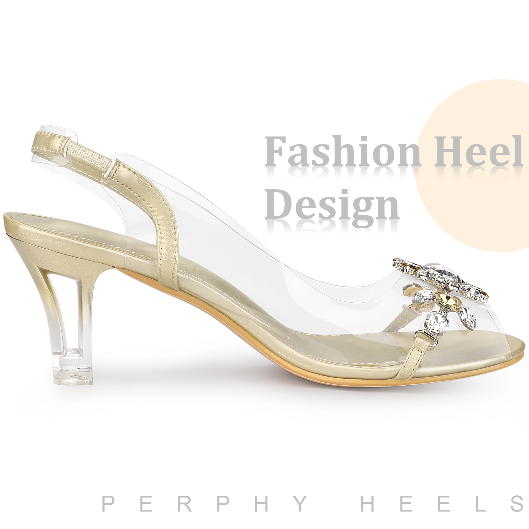 BLISSFUL STEP Womens Peep Toe Flower Rhinestone Clear Chunky Heels Cinderella Glass Sandals