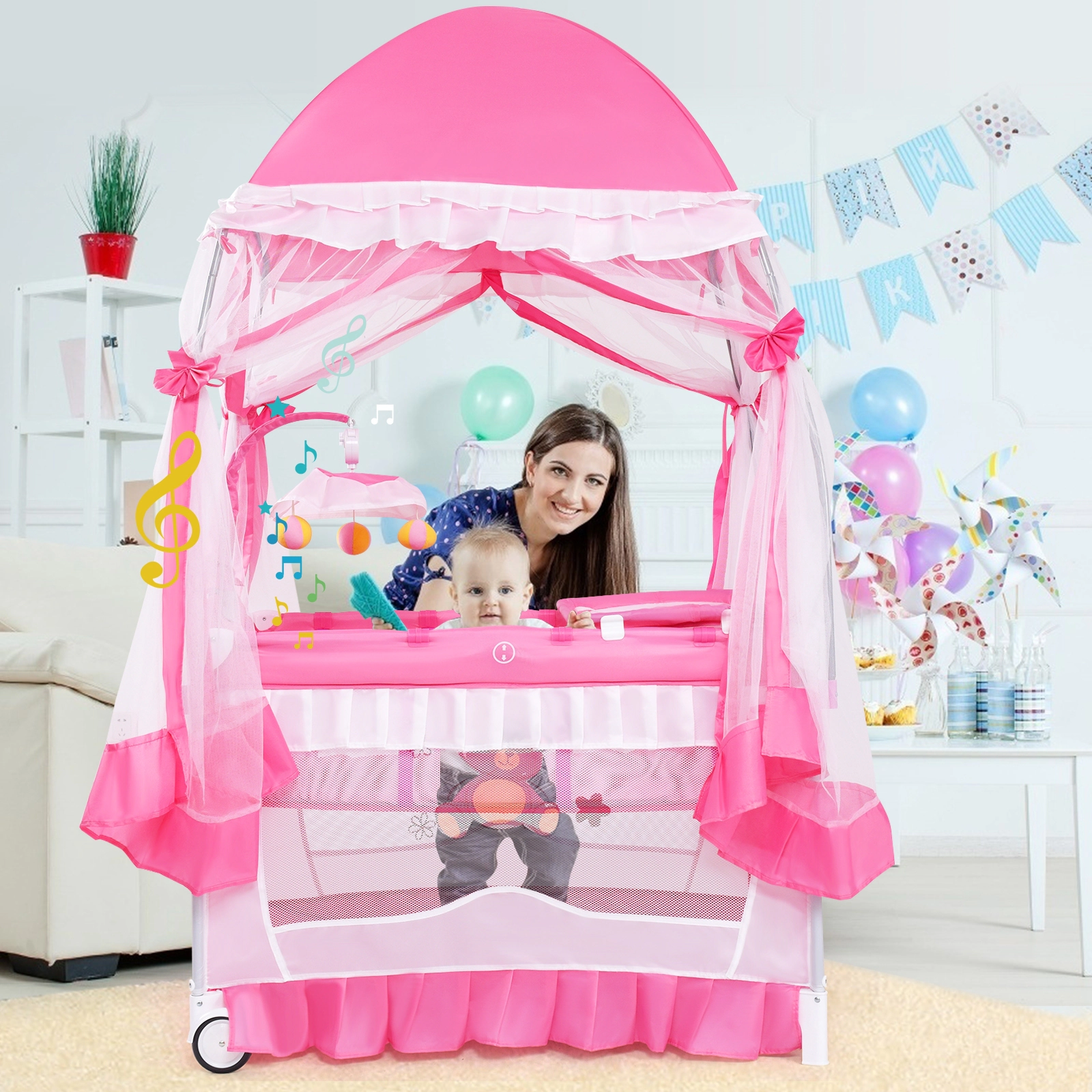 SUGIFT Portable Pack and Play Baby Playpen with Removable Bassinet Changing Table Mosquito Net and Carry Bag