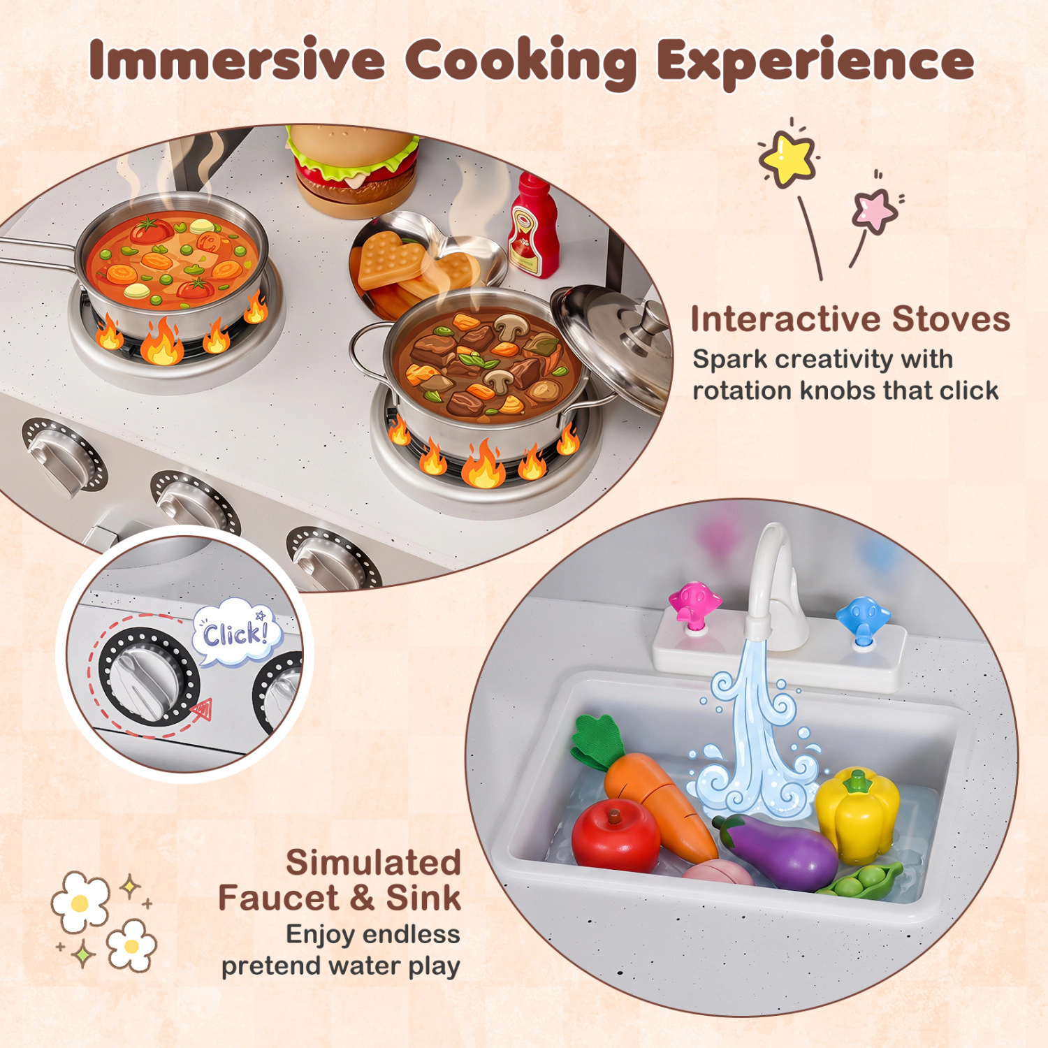 LJG Kids Wooden Modern Kitchen Cooking Pretend Play Set