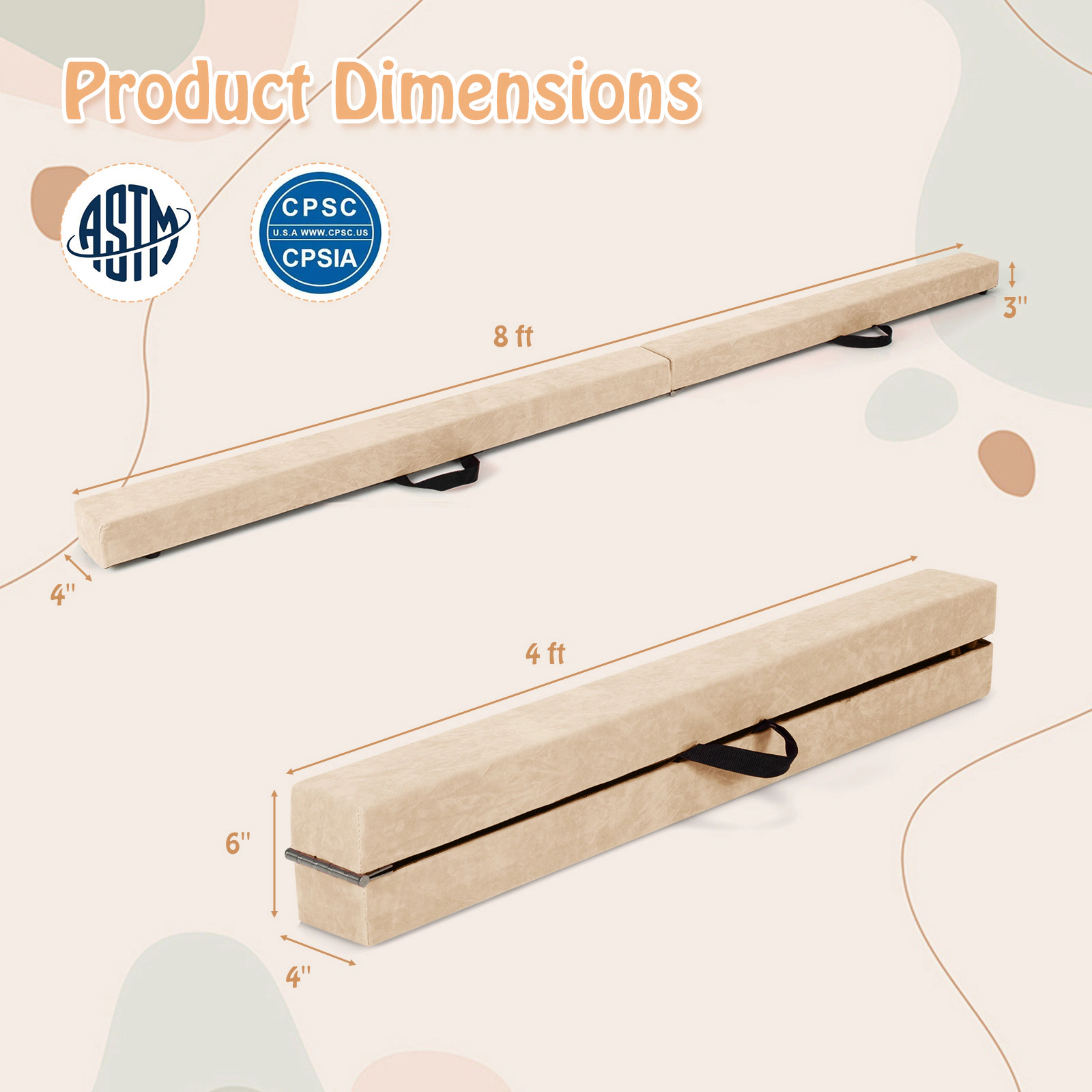 SUGIFT Beige 8-ft 160-lb Capacity Folding Gymnastics Balance Beam with Solid Wood Base and Two Carry Handles
