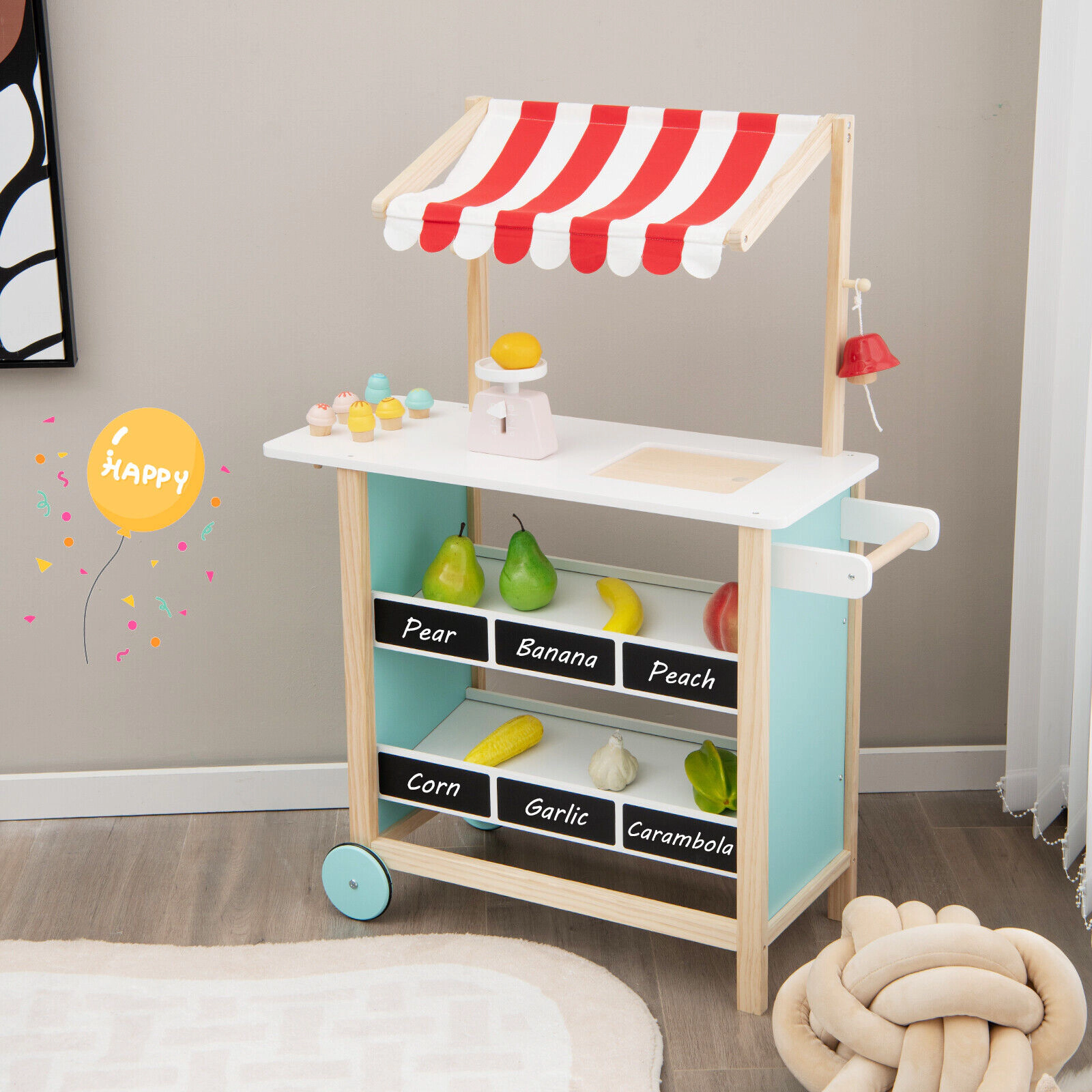 Hivvago Kids Wooden Ice Cream Cart with Chalkboard and Storage
