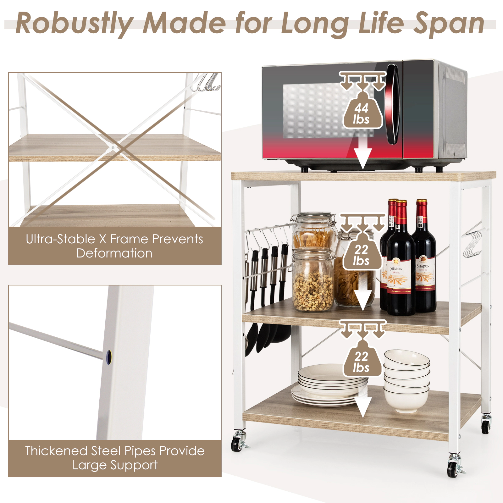 SlickBlue 3-Tier Microwave Oven Stand with Wheels & Storage Shelves
