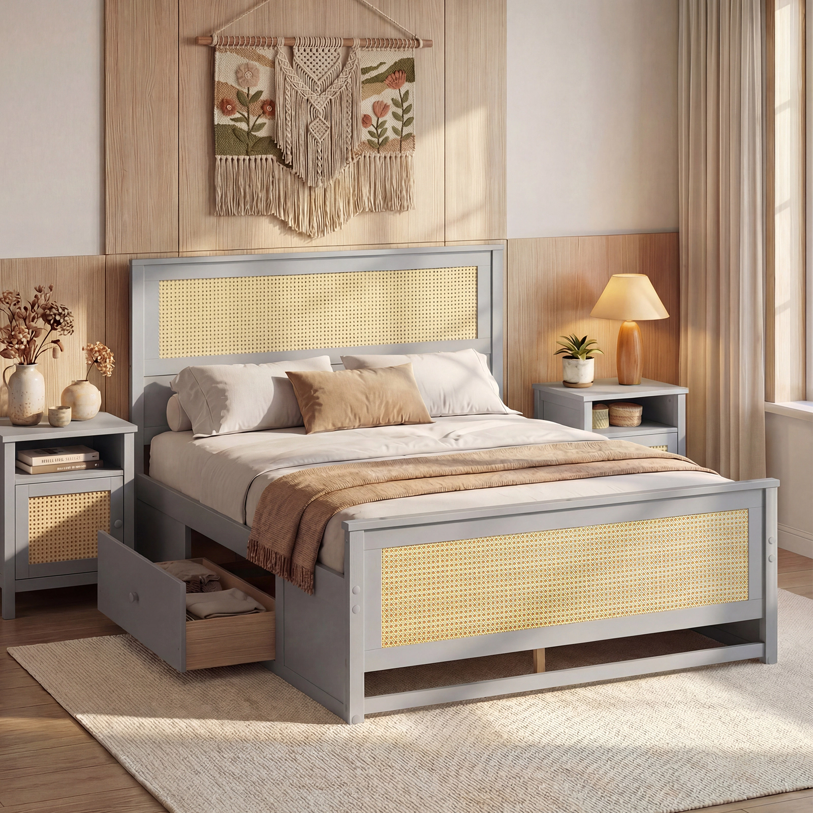Full Size Rattan Bed Frame with 2 Storage Drawers Gray Boho Platform Bed with Woven Headboard Metal Drawer Slides