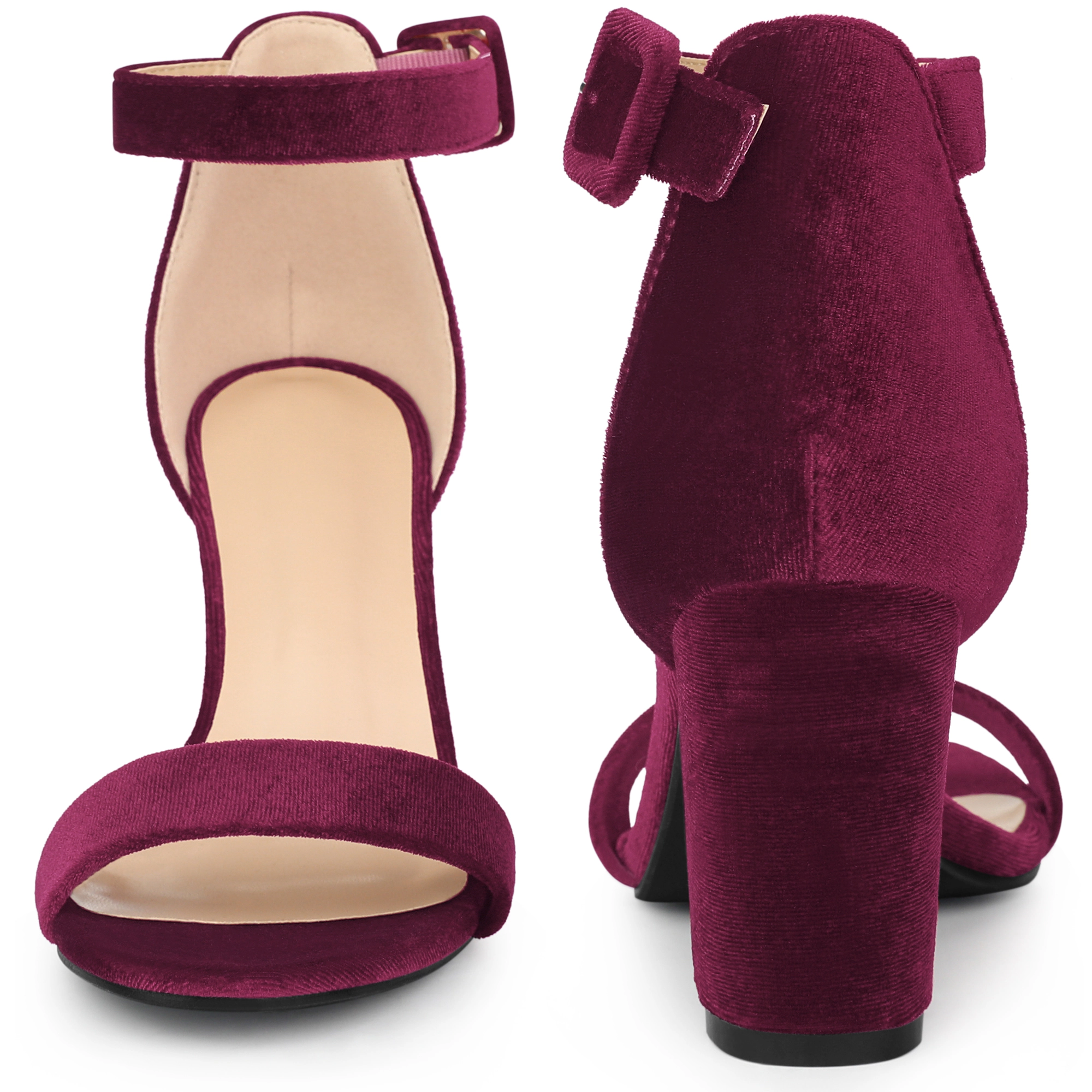 BLISSFUL STEP Women's Chunky Heel Velvet Open Toe Sandals