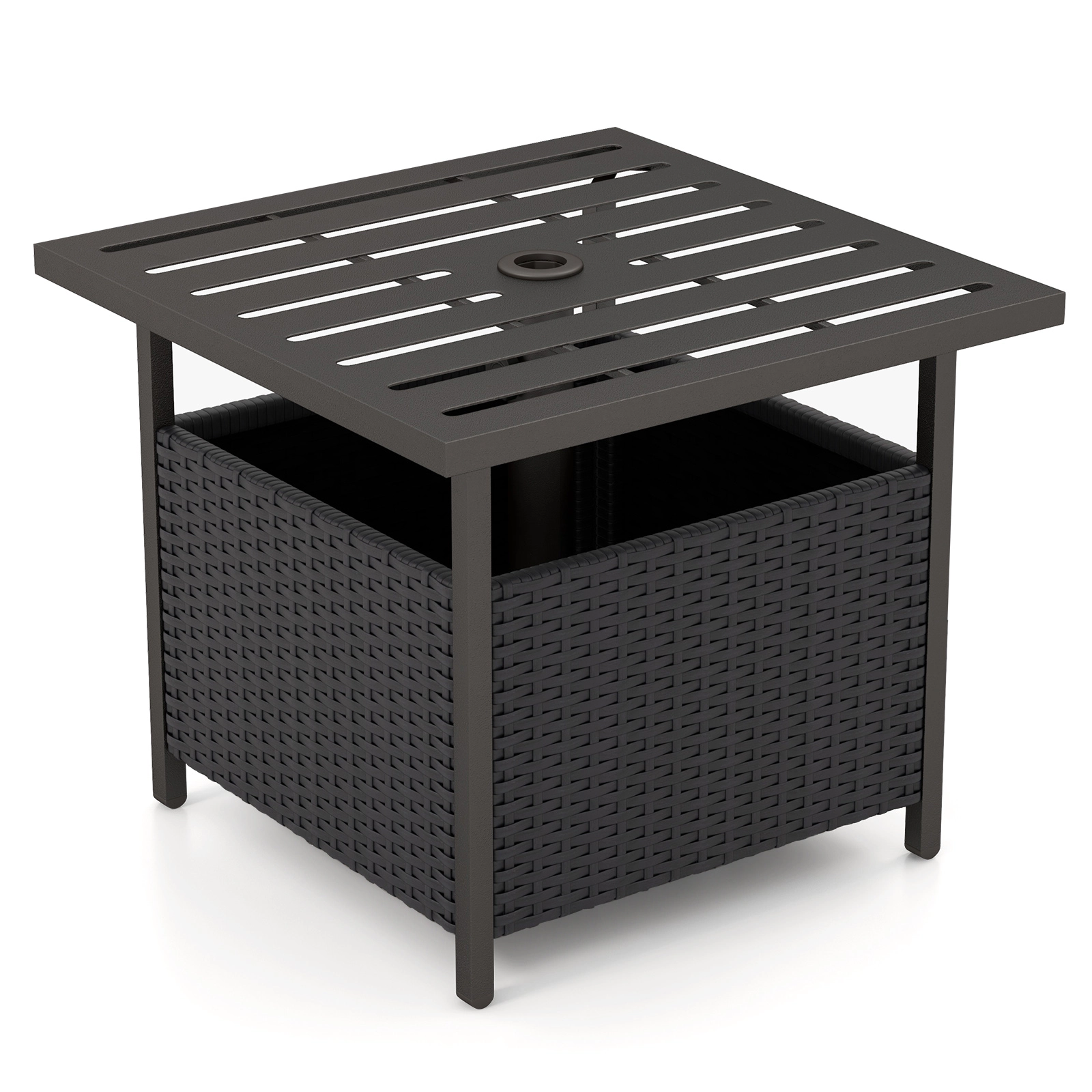 SUGIFT 22-Inch Square Wicker Patio Side Table with Umbrella Hole, PE Rattan and Steel Frame