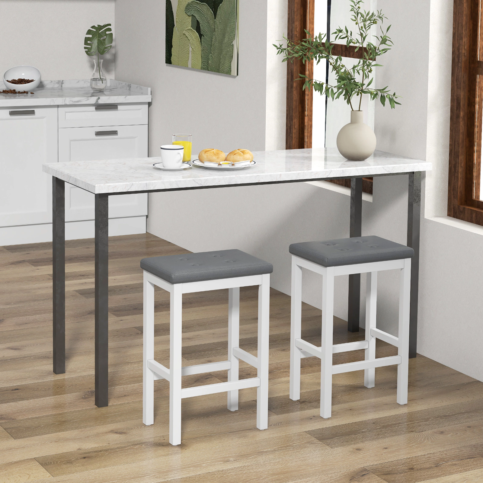 SUGIFT White Padded Seat Footrest and Rubber Wood Frame Set of 2 24 Inch Bar Stool