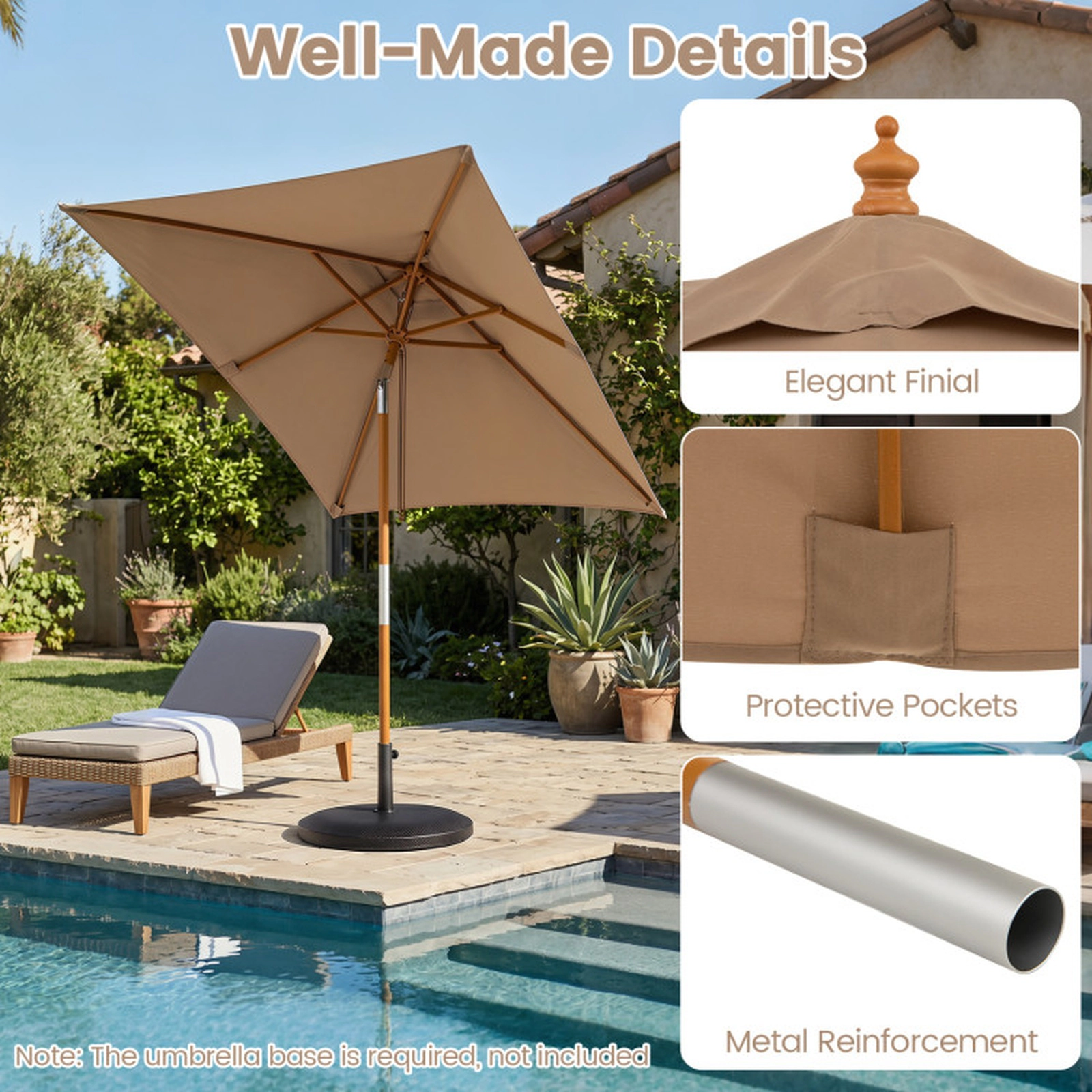 SUGIFT 7-ft Rectangular Patio Umbrella with Push-Button Tilt 3-Height Adjustment Rope Pulley Coffee
