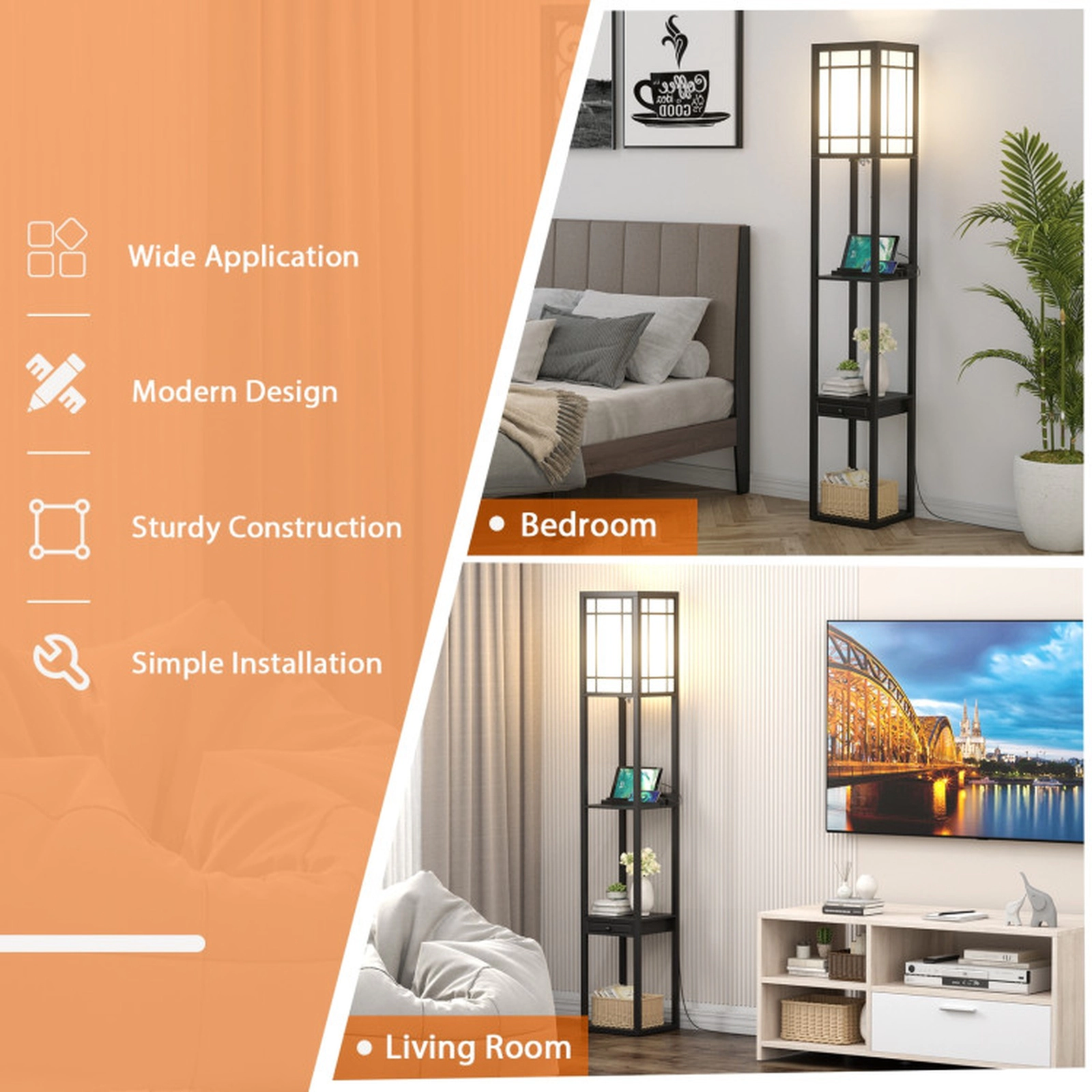 SUGIFT 3-Shelf Drawer USB Ports AC Outlet Modern Floor Lamp 10-in x 10-in x 63-in 60W Max E26 Pull Chain Black