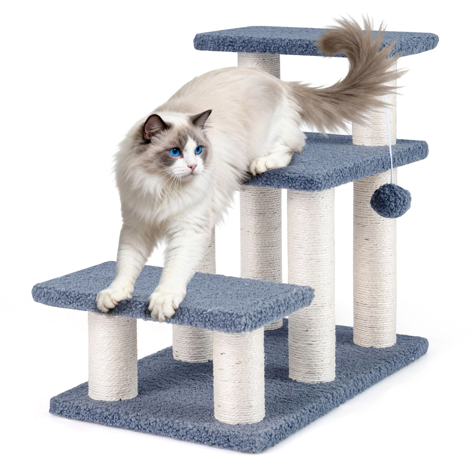 SlickBlue Gray 3-Tier Cat Stairs with Plush Steps and Scratching Posts