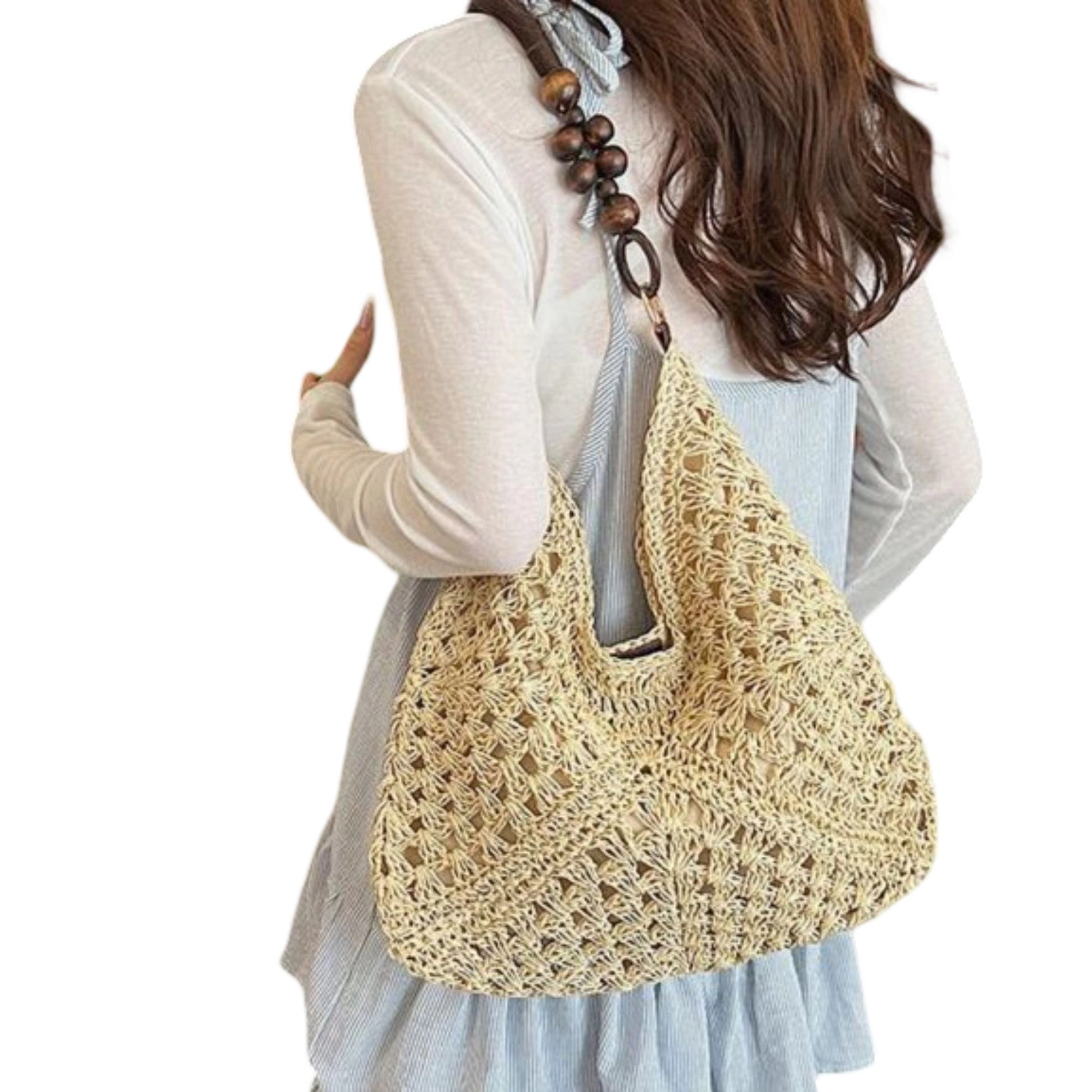 Alilang Women's Woven Straw Hobo Bag with Wooden Handle Bead Accents and Spacious Interior