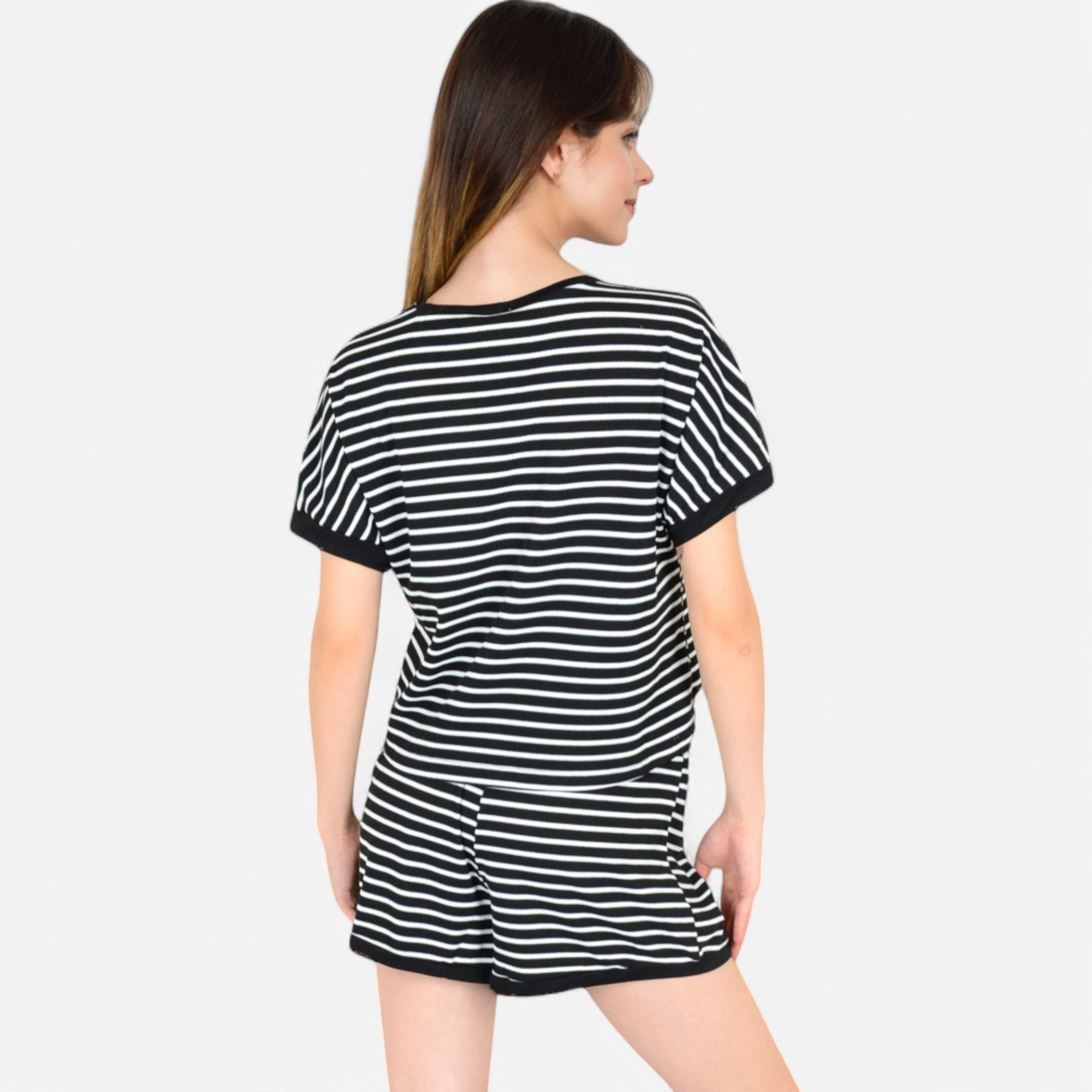 Anna-Kaci Women's Striped Lounge Set with Cuffed Short Sleeve Top and Elastic Waist Shorts