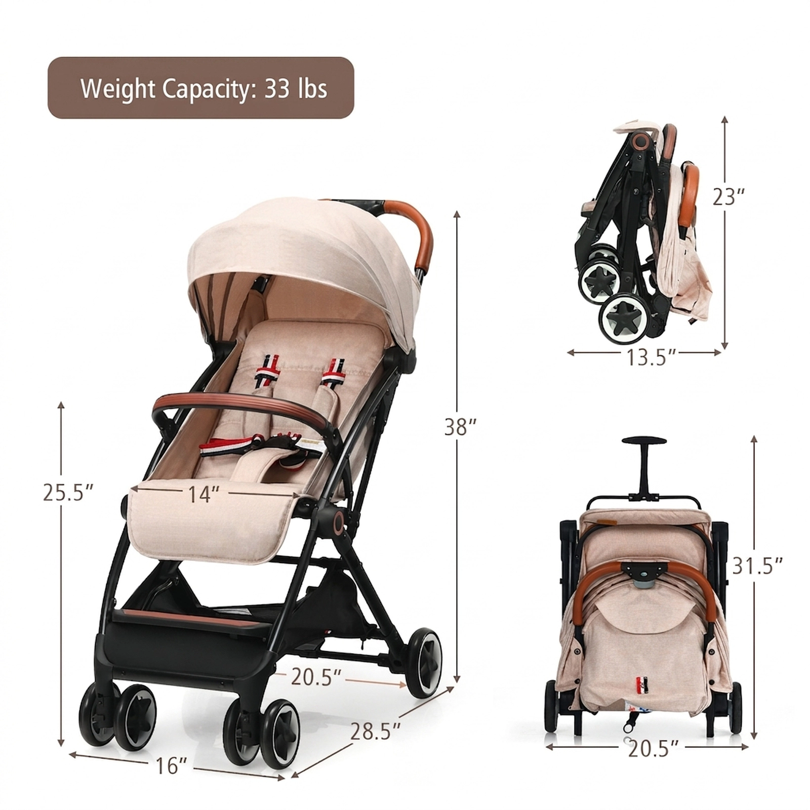 SUGIFT Baby Beige Lightweight Aluminum Stroller with Pull Rod 28.5-in W 20.5-in D 38-in H 33-lb Seat Capacity