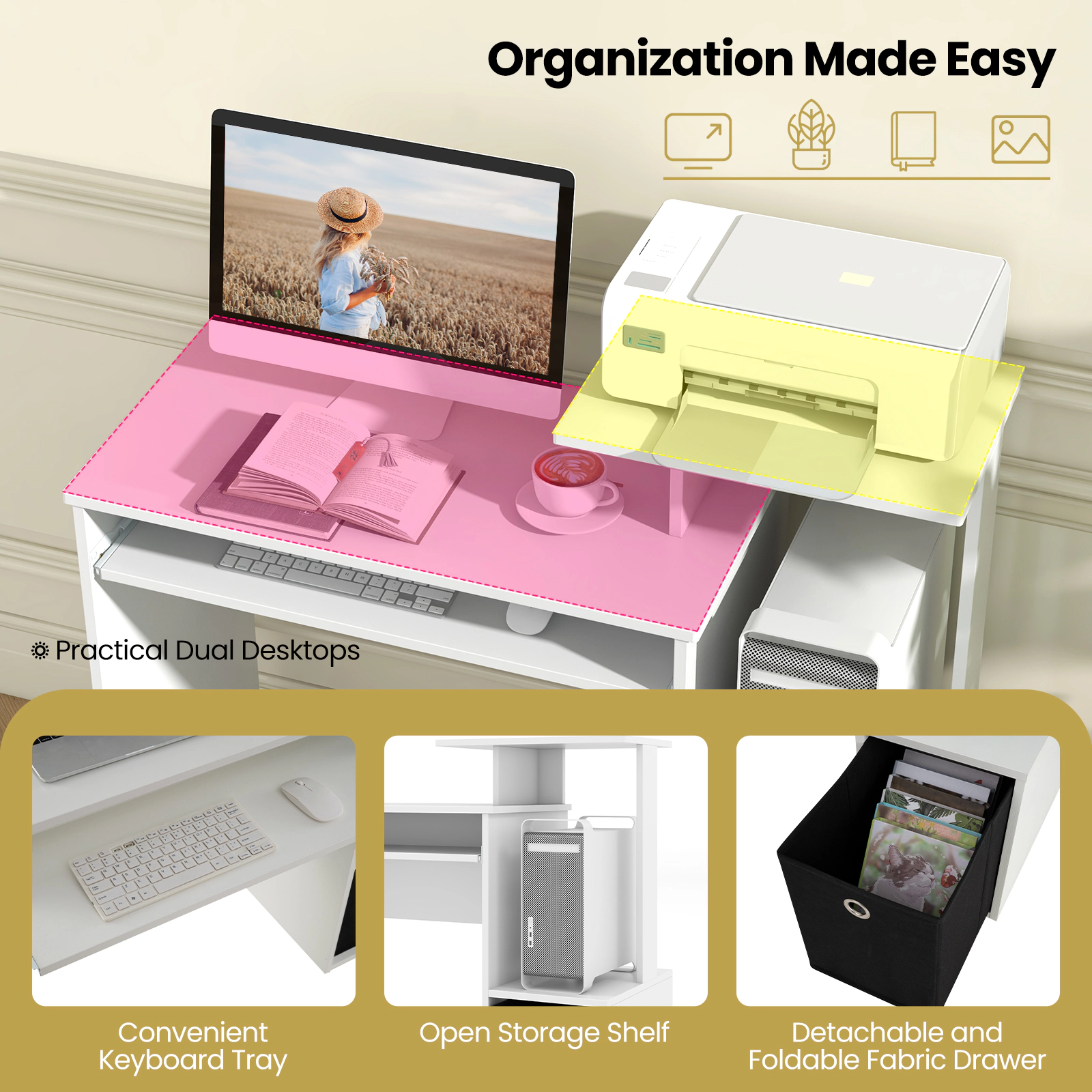 SUGIFT White Pull-Out Keyboard Tray and Fabric Bin 39.5 Inch Space Saving Computer Desk