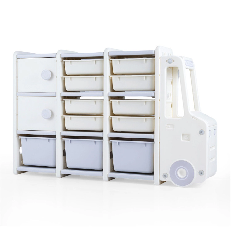Hivvago Kids Toy Storage Organizer Truck-shaped Toy Chest with 2 Cabinets and 11 Removable Bins