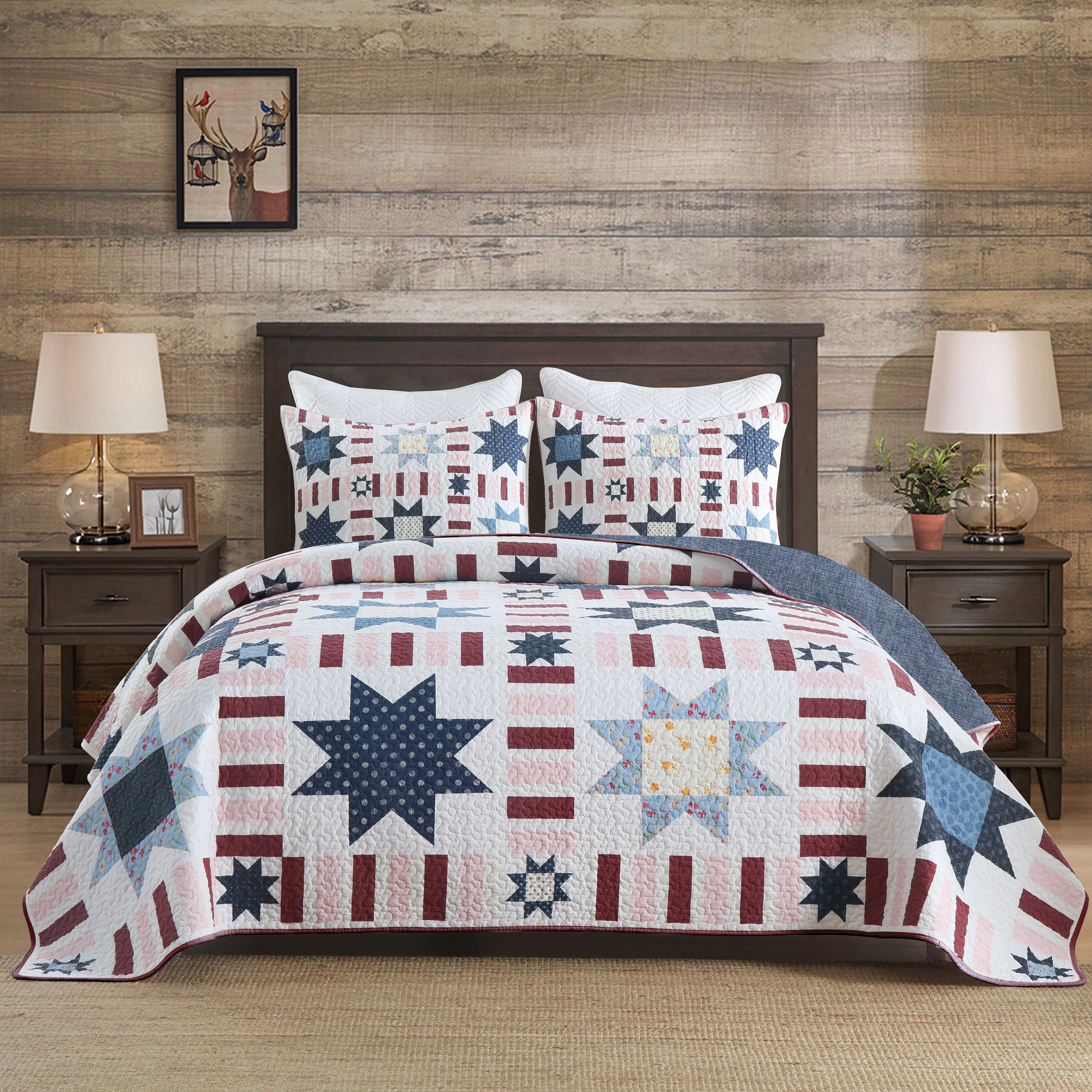MarCielo 3 Pieces Farmhouse Star Quilt Set – Festive Bedspread Set