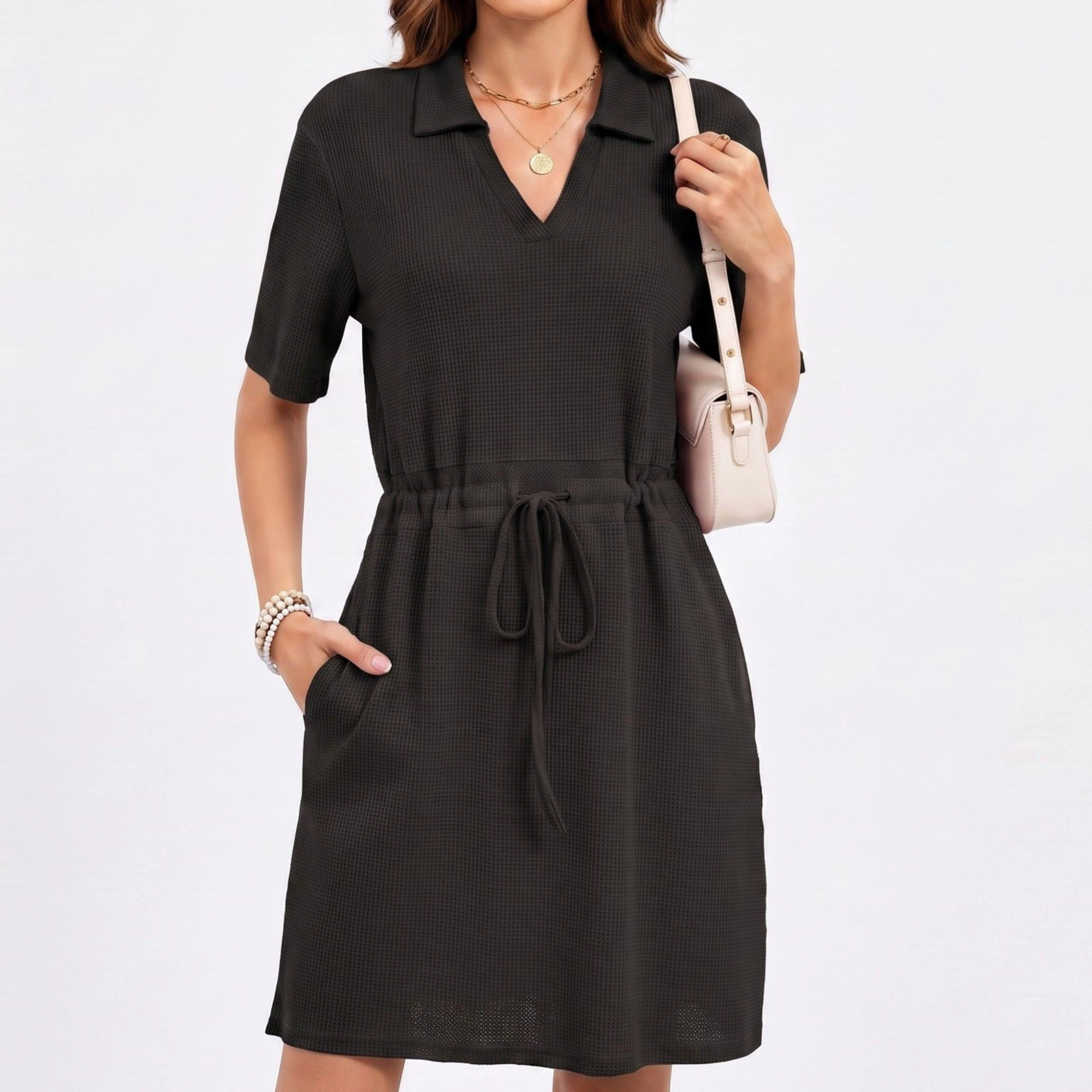 Anna-Kaci Women's Waffle Knit Collared V-Neck Drawstring Short Dress
