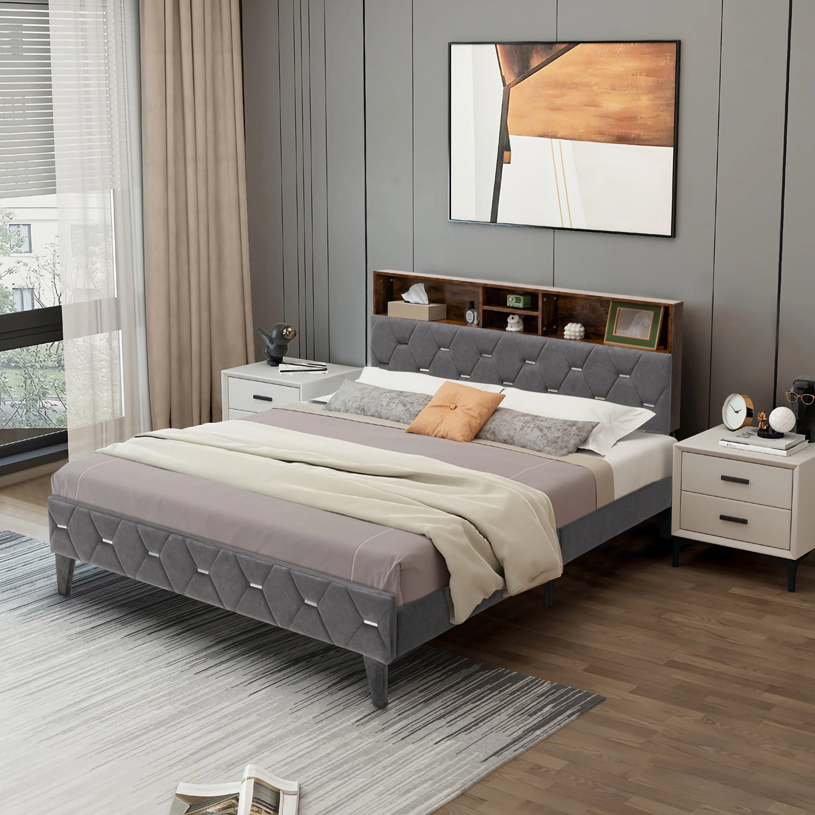 SUGIFT Full/Queen Size Upholstered Bed Frame with Storage Headboard 1000-lb Capacity Rustic Brown + Gray