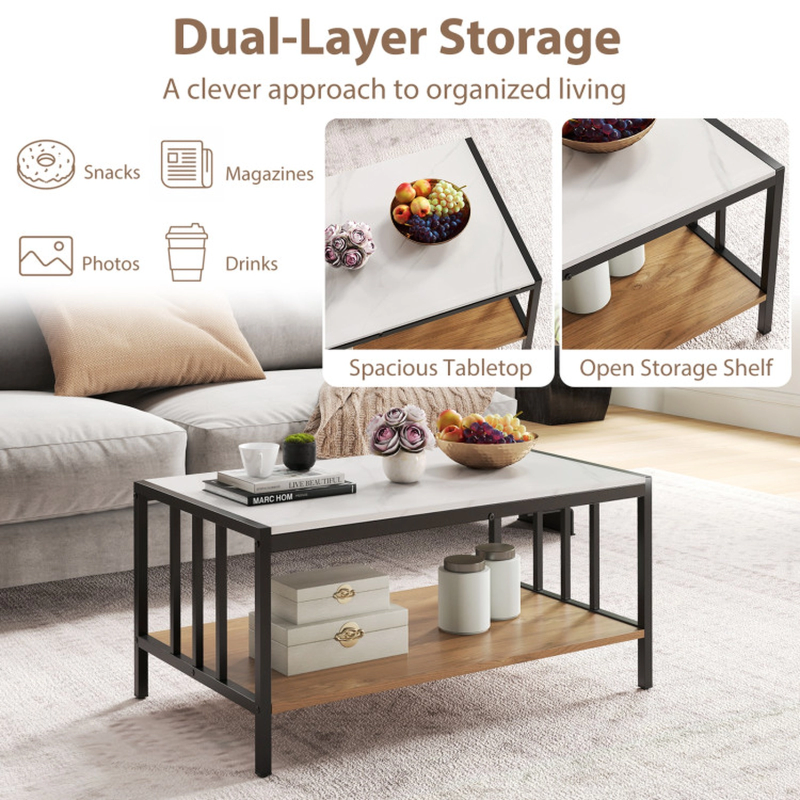 SUGIFT 33.5-in 2-Tier White Sintered Stone Coffee Table with Anti-Falling Shelf Fencing and Adjustable Pads