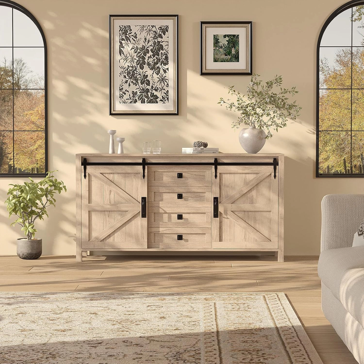 BebreezChic Farmhouse Sideboard Buffet Cabinet, Sliding Barn Doors, 4 Drawers, 60in