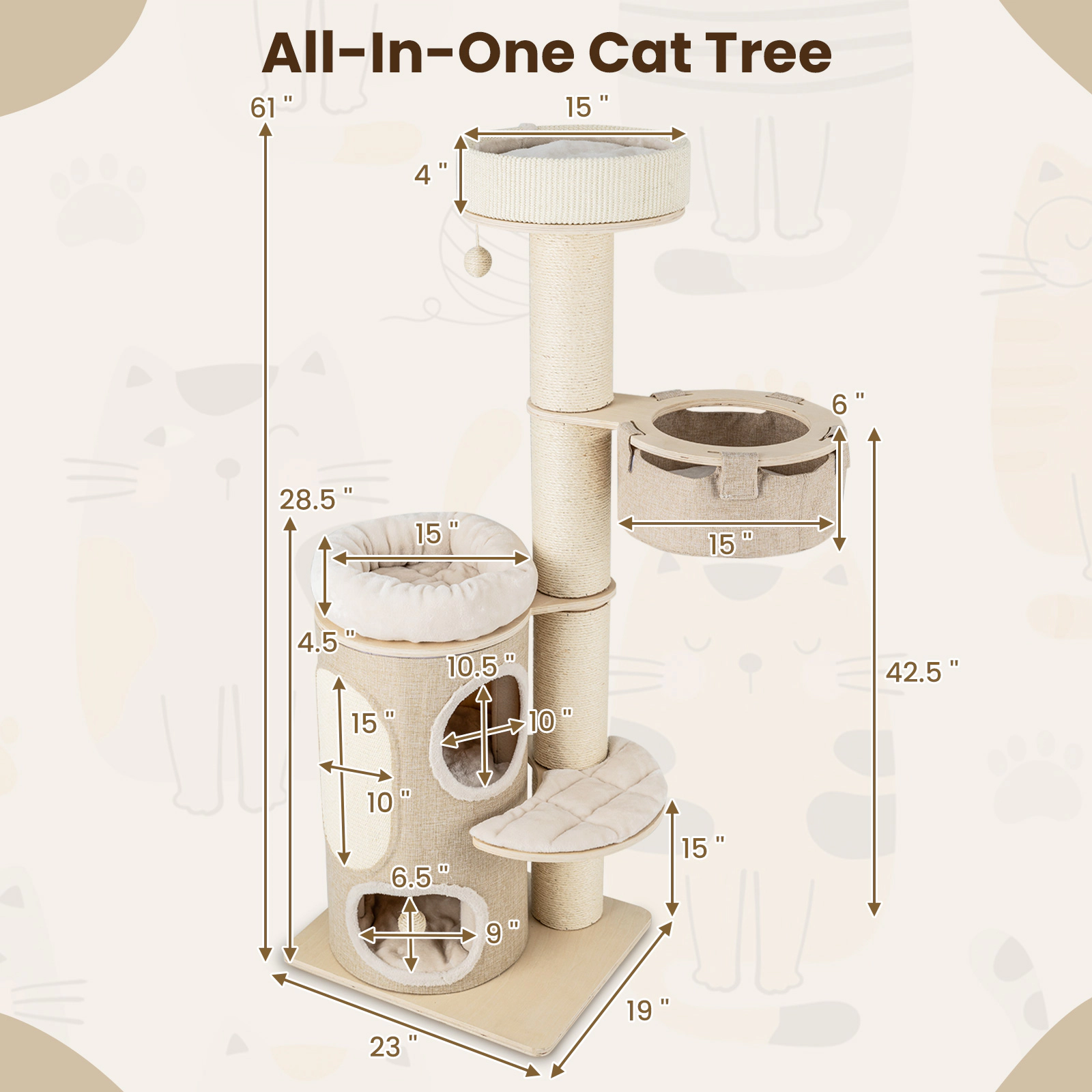 SUGIFT 61-in Natural Cat Tree with 2-Story Condo Faux Linen Hammock Bamboo Mat and Washable Cushions