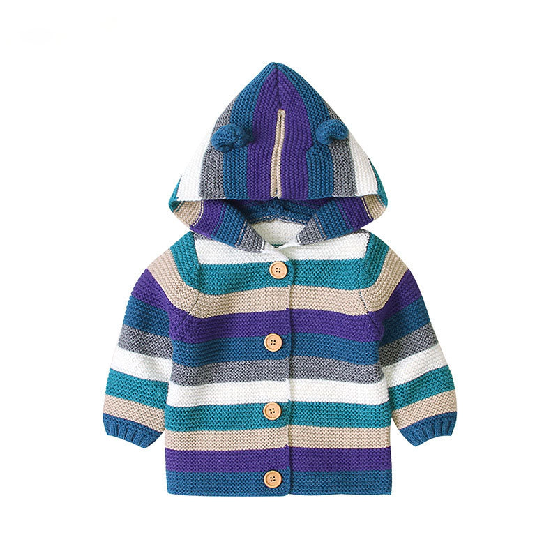 MyKids-USA Baby Colorful Striped Pattern Button Front Knitted Cardigan With Hat