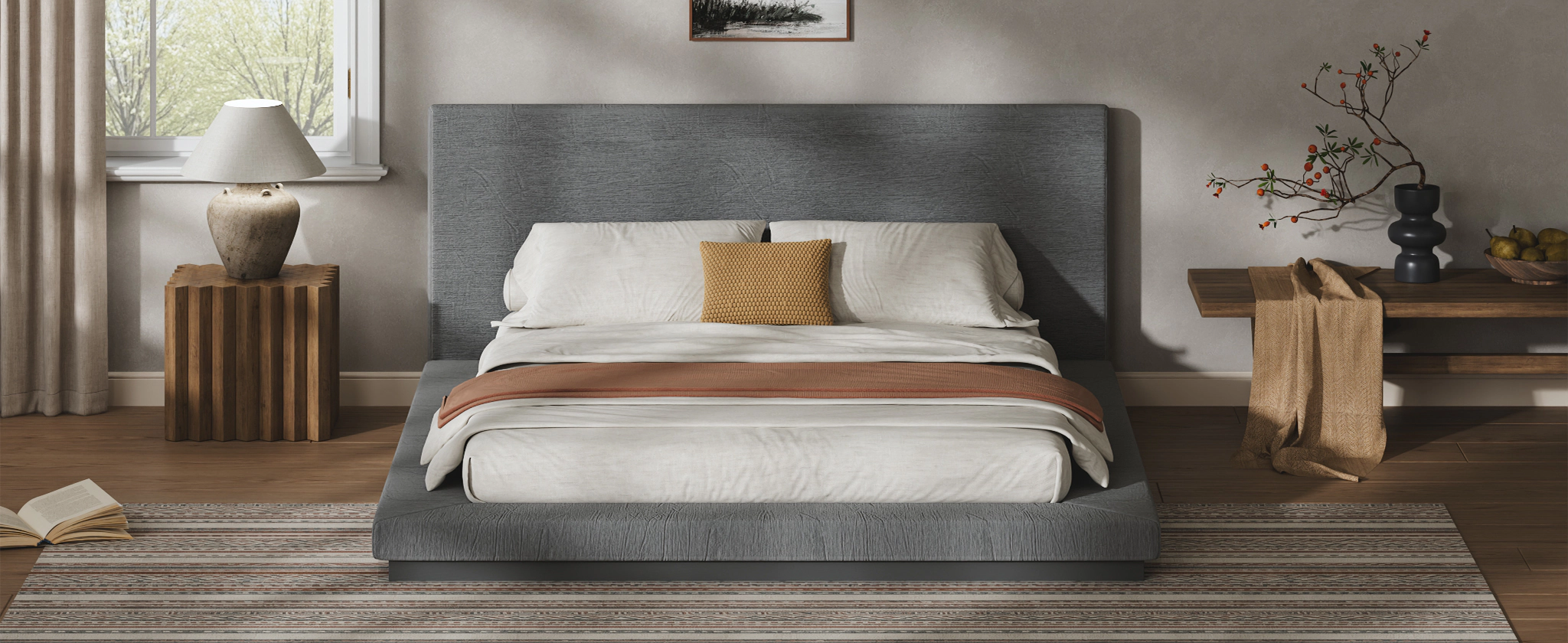 Flynama Queen Floating Bed with Padded Headboard, Low Profile Metal Slat Base, Gray