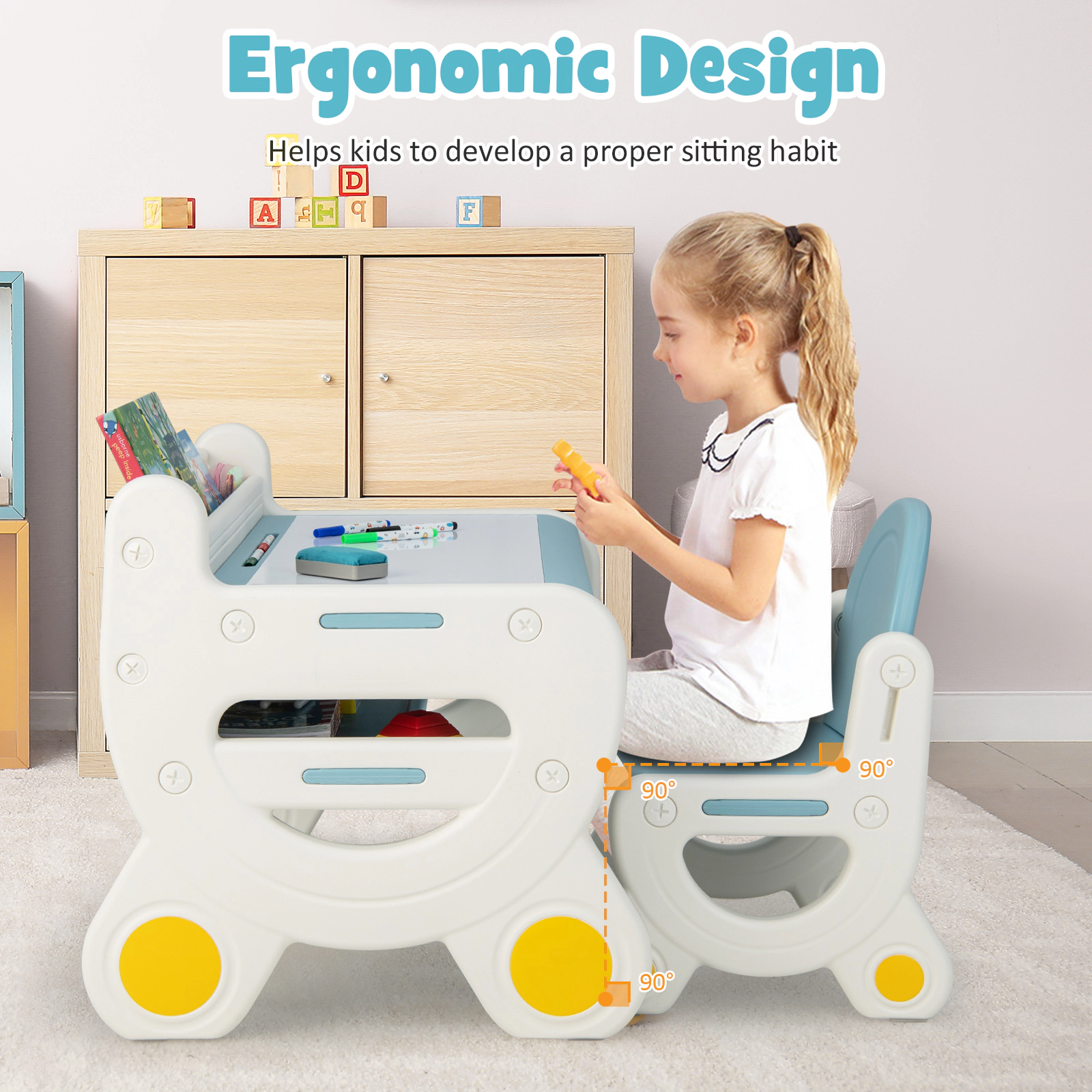 SUGIFT Kids Drawing Table and Chair Set with Watercolor Pens and Blackboard Eraser 110-lb Chair Capacity Ages 3-8 Blue