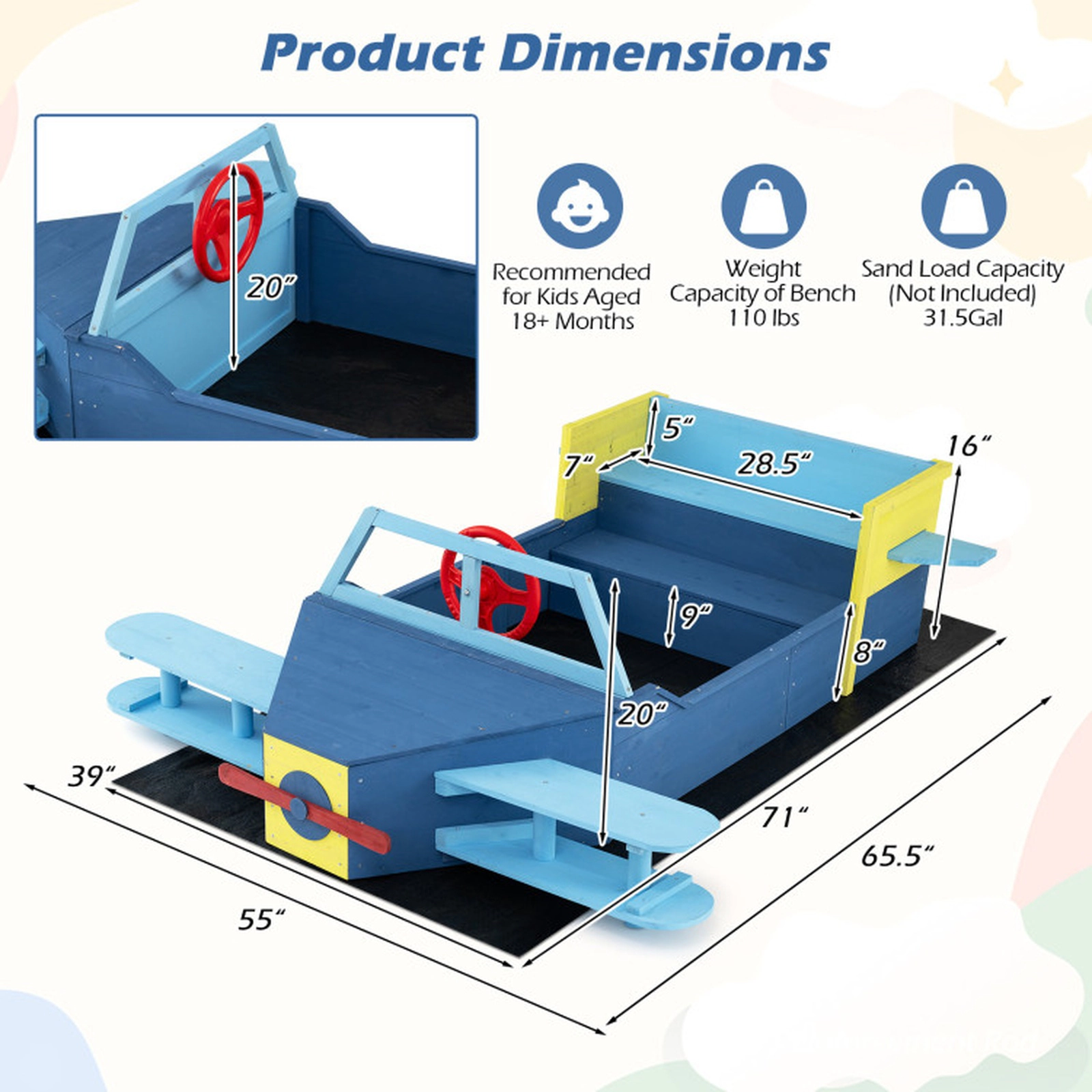 SUGIFT Large Wooden Kids Sandbox with Bottom Liner and Bench Seat 110-lb Bench Capacity Ages 18+ Months Blue