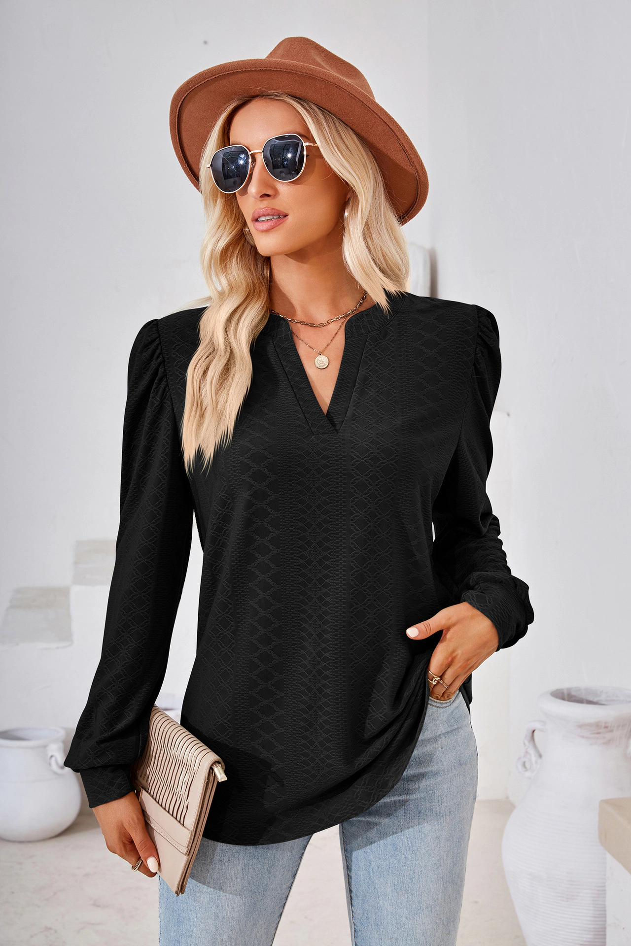 Enchanted Funland Womens V‑Notch Puffed Shoulder Long Sleeve Loose Dressy Blouse Tops